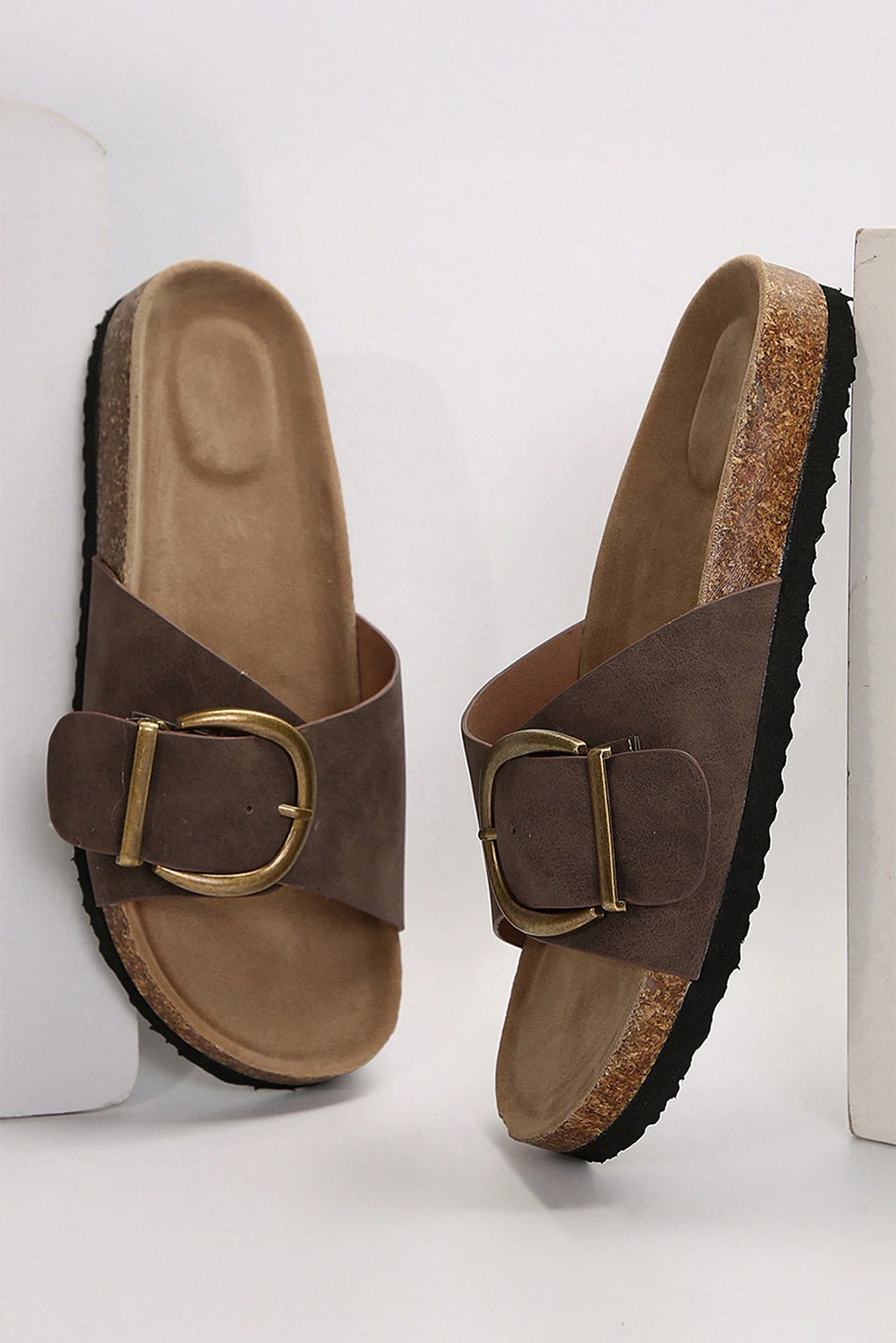 Coffee Buckle Decor Faux Suede Thick Sole Slippers