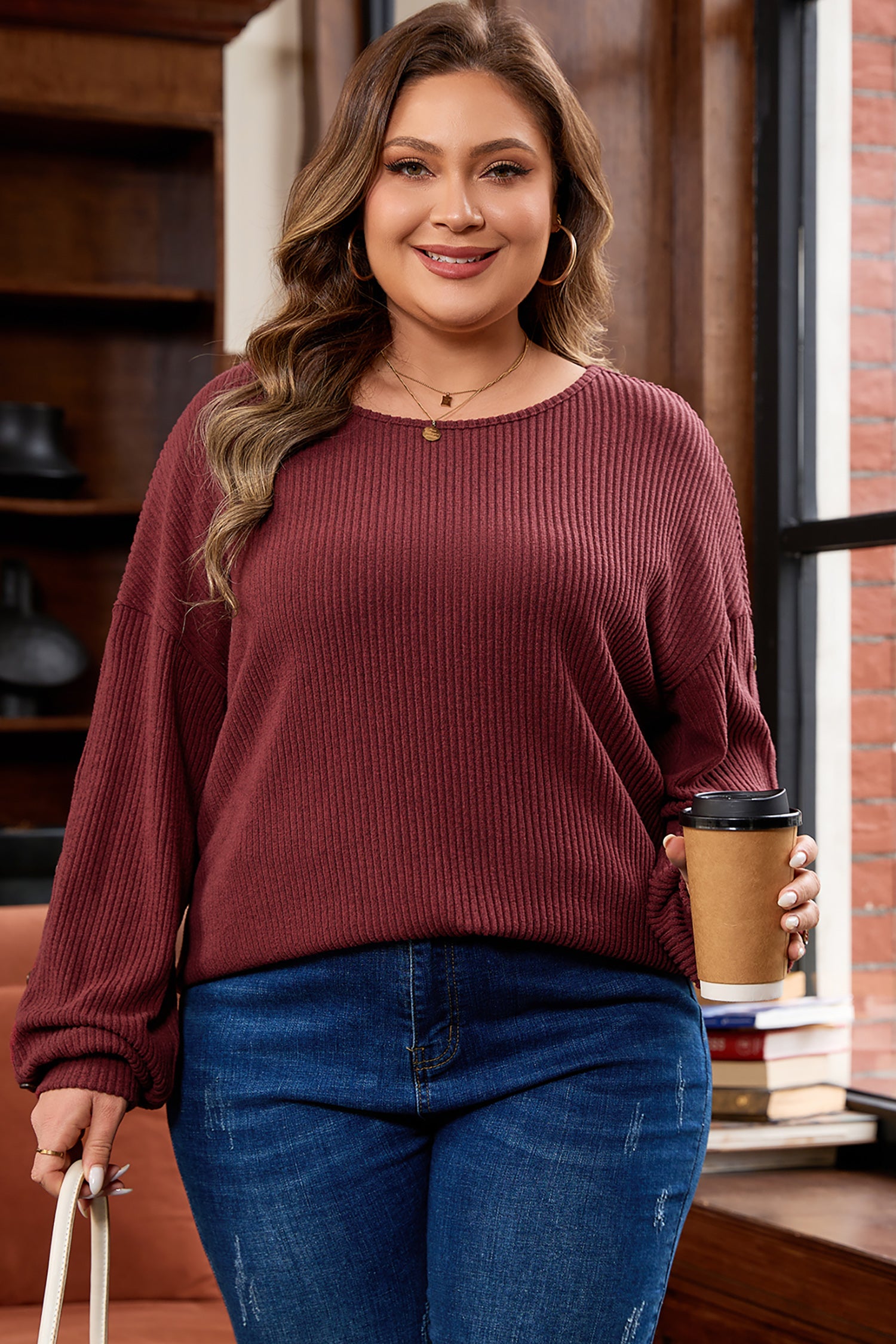 Wild Ginger Plus Size Ribbed Button Decor Long Sleeve Loose Top