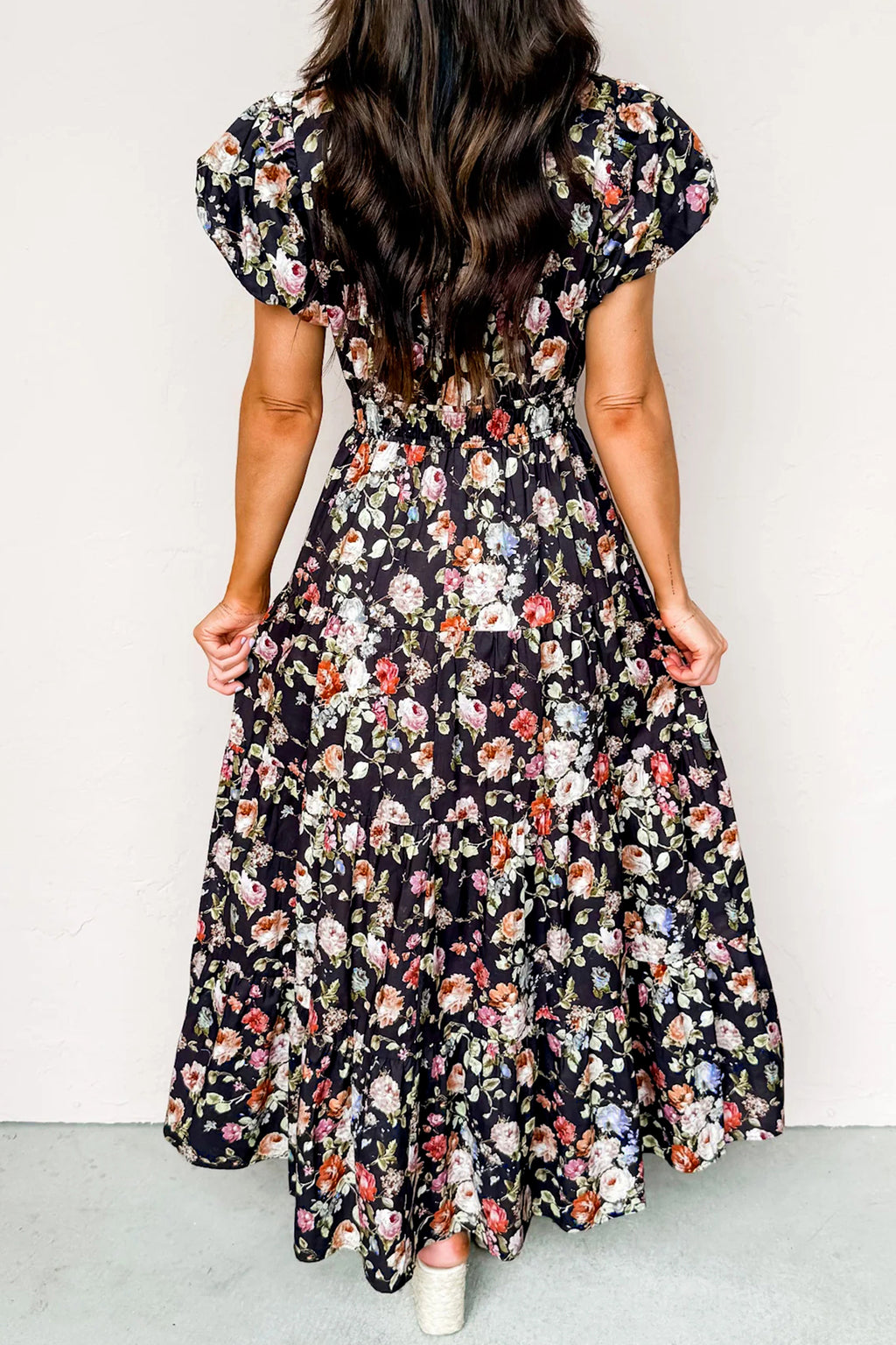 Black Floral Print V Neck Pleated Tiered Maxi Dress