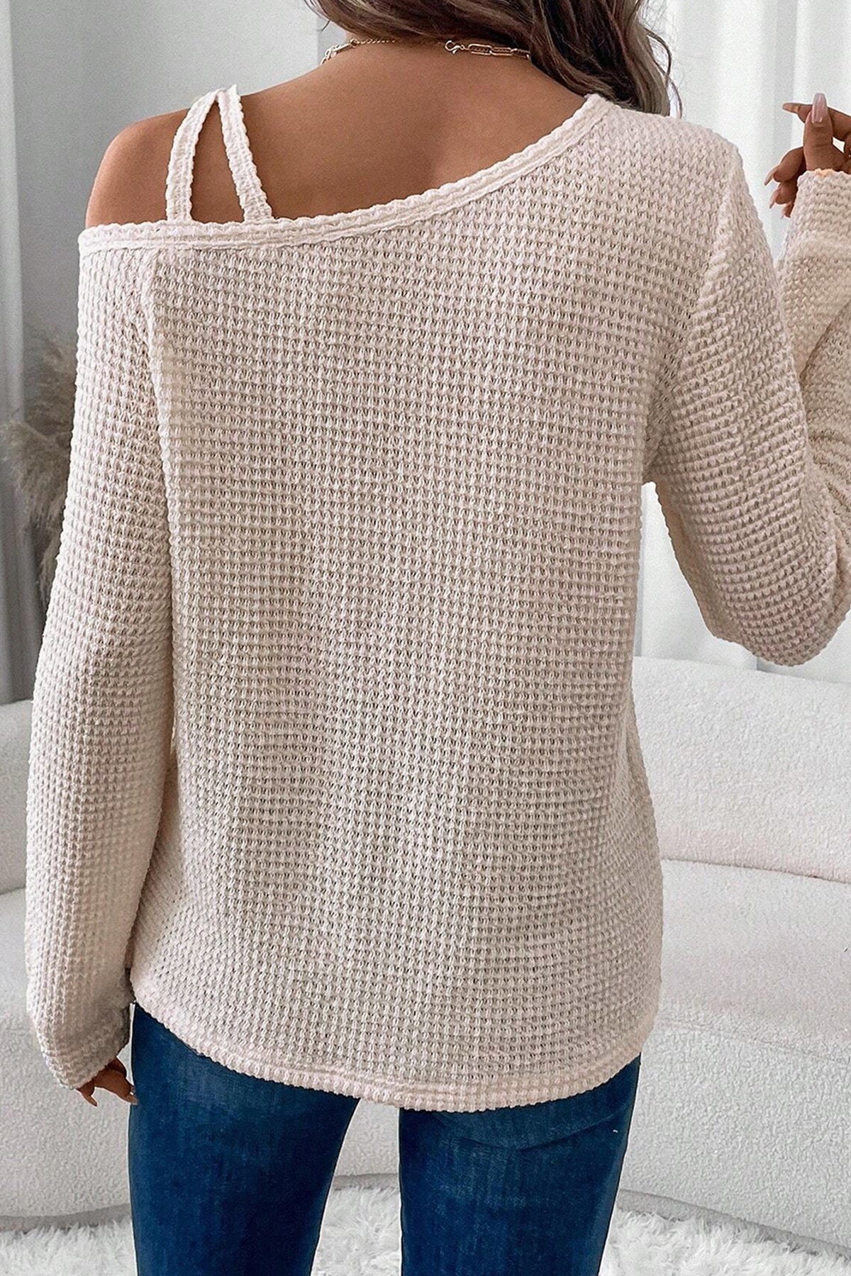 Jet Stream Solid Color Textured Knit Asymmetric Shoulder Long Sleeve Top