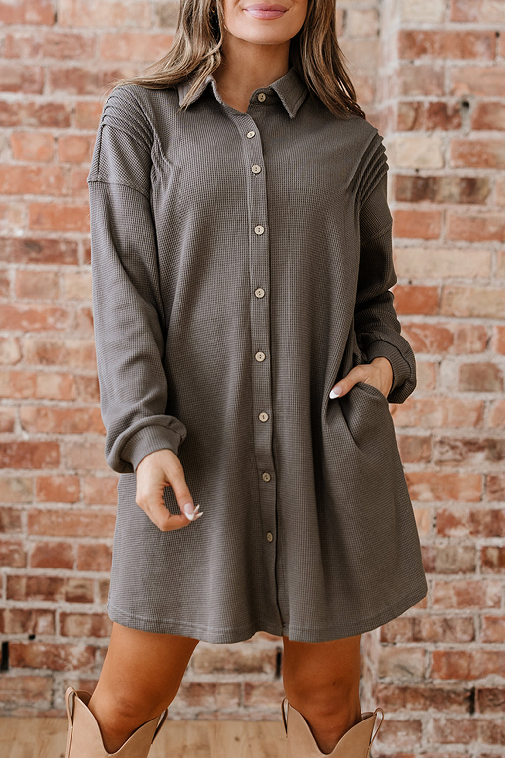 Simply Taupe Waffle Knit Shirt Tunic Dress