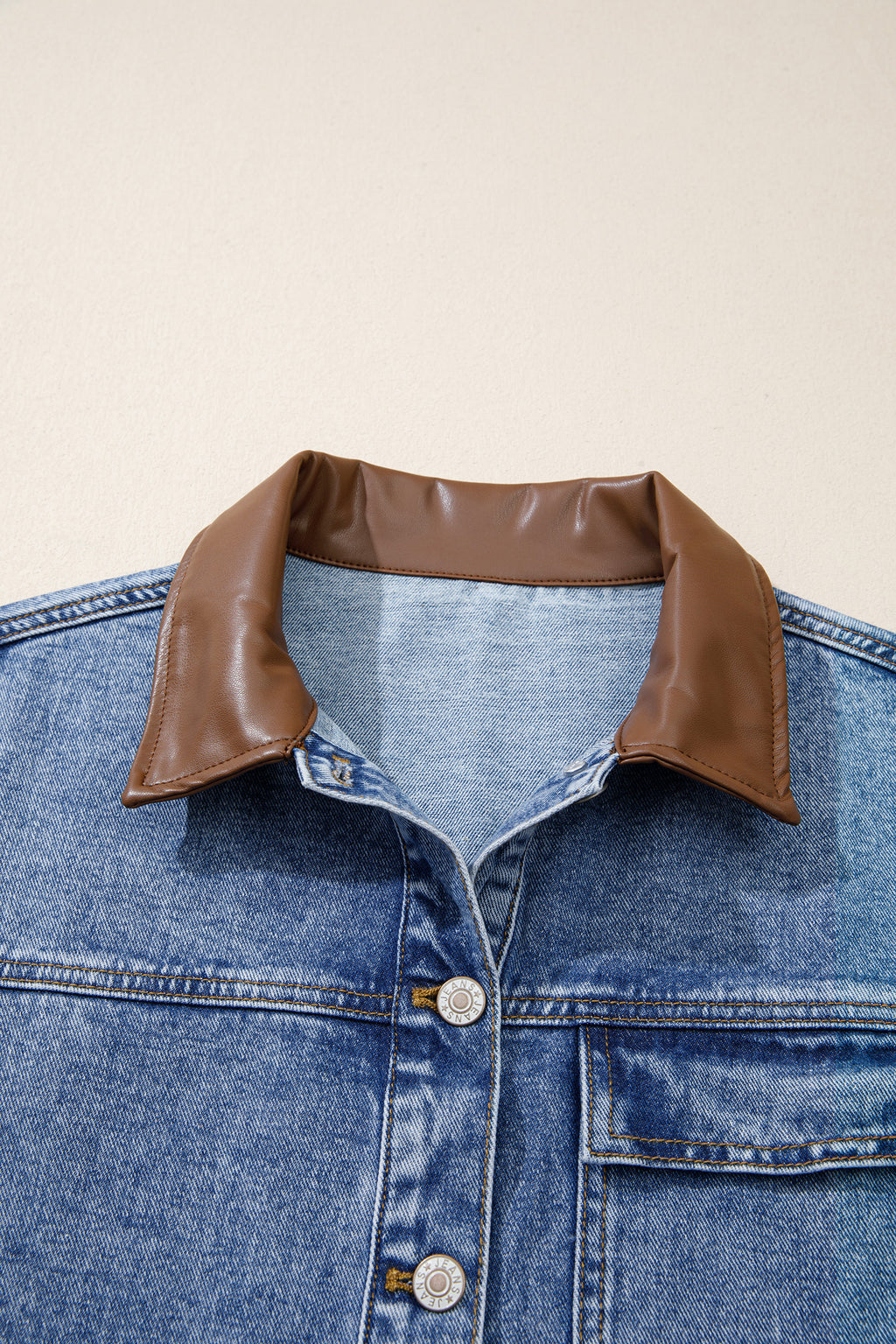 Sky Blue Patchwork Faux Leather Collar Long Sleeve Denim Jacket