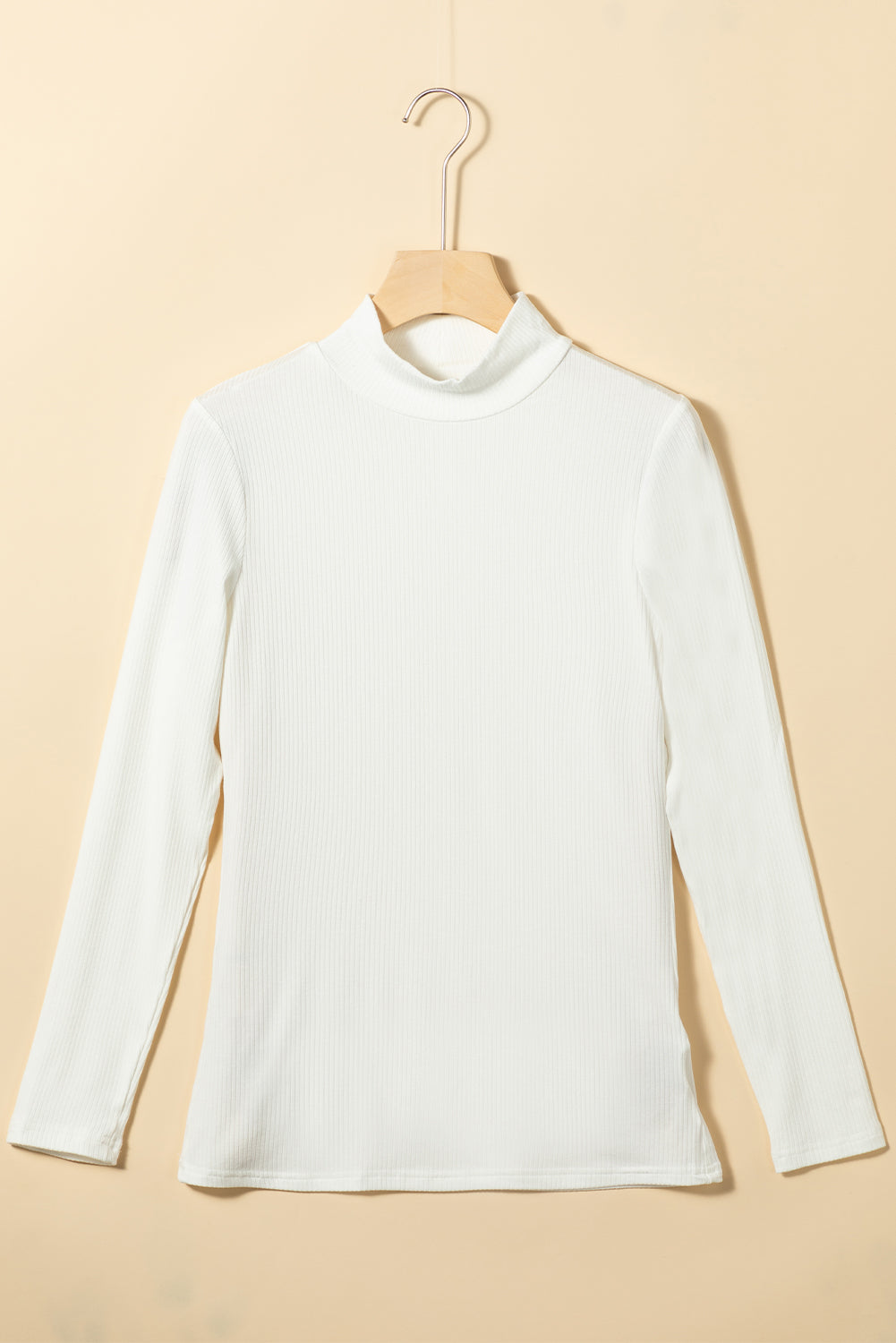White Ribbed Knit High Neck Long Sleeve Top