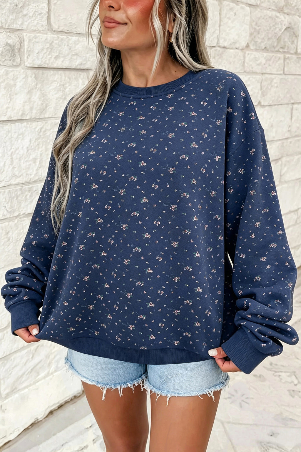 Dirty blue Floral Print Round Neck Dropped Shoulder Casual Pullover Sweatshirt