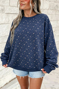 Dirty blue Floral Print Round Neck Dropped Shoulder Casual Pullover Sweatshirt