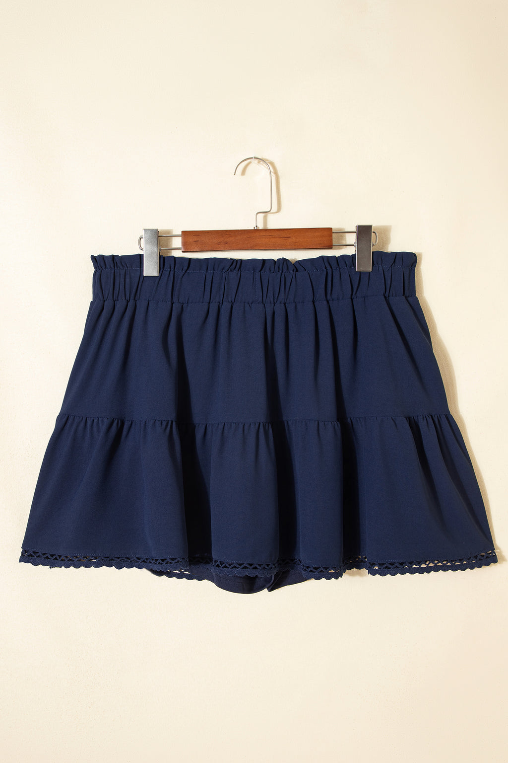 Rose Red Plus Size Frilled Elastic Waist Lace Trim Boho Ruffled Shorts