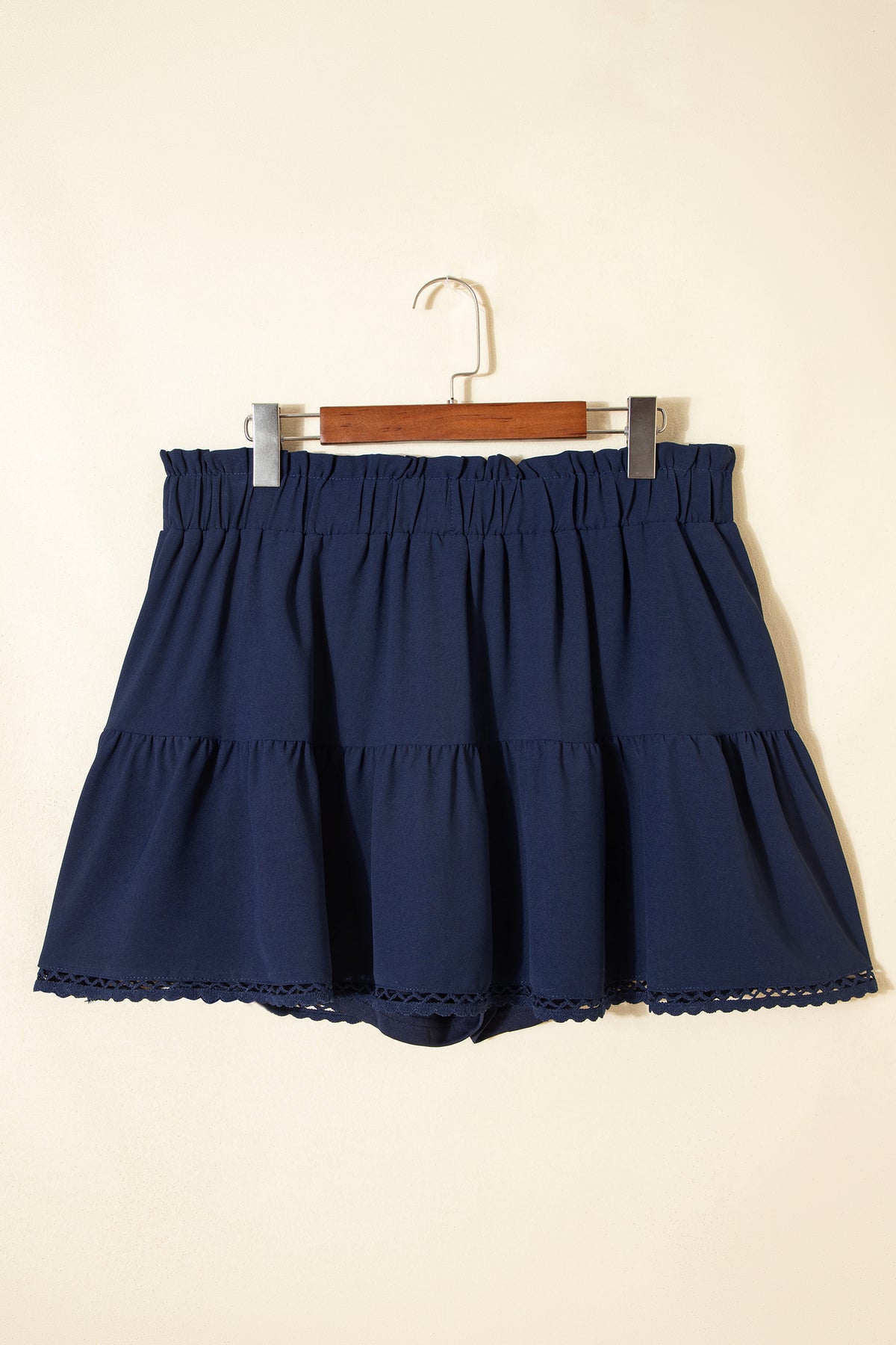 Rose Red Plus Size Frilled Elastic Waist Lace Trim Boho Ruffled Shorts