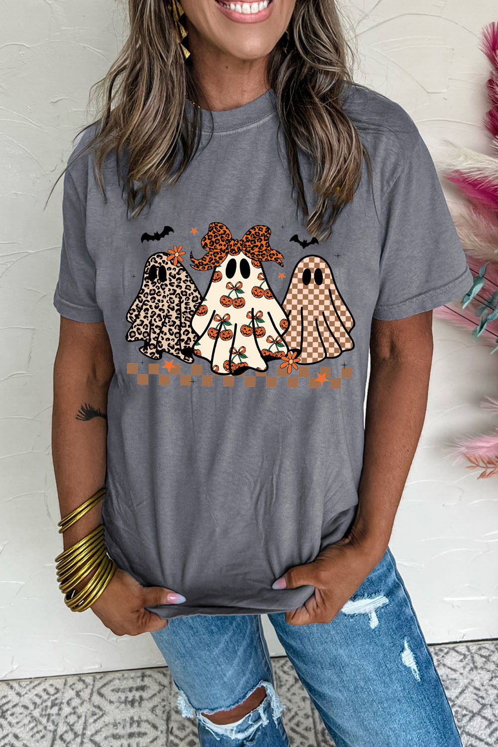 Gray Cute Halloween Ghost Printed Womens Casual Tee