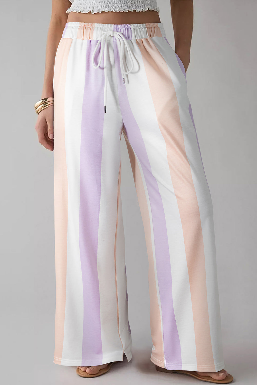 Purple Stripe Multicolored Print Drawstring Loose Pants with Side Pockets
