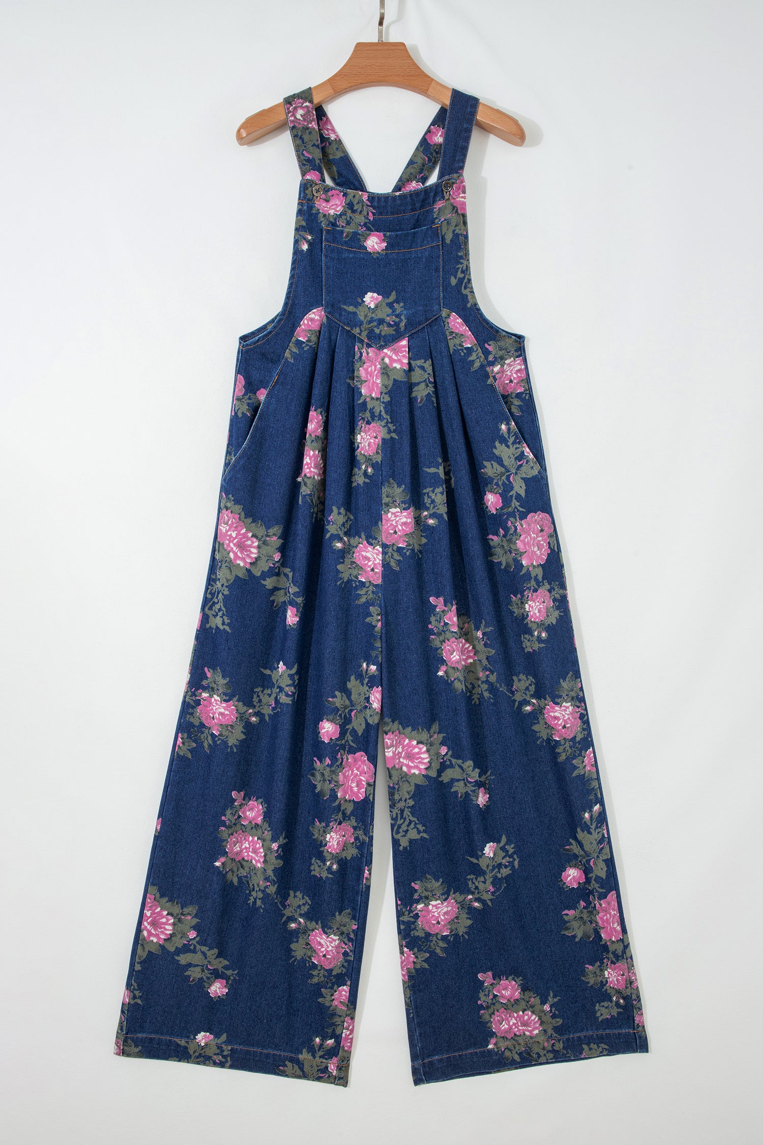 Gray Beau Floral Print Pleated High Waist Wide Leg Denim Jumpsuit
