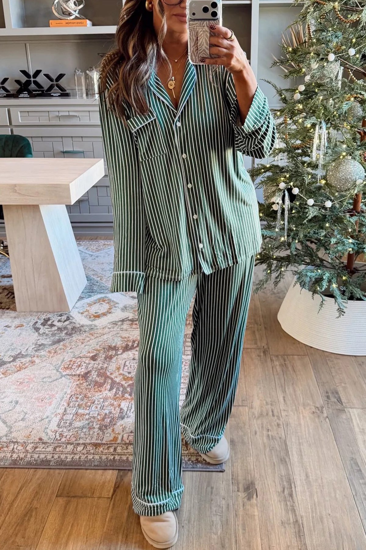 Green Stripe Chest Pocket Lapel Shirt Piping Trim Pajama Pant Set