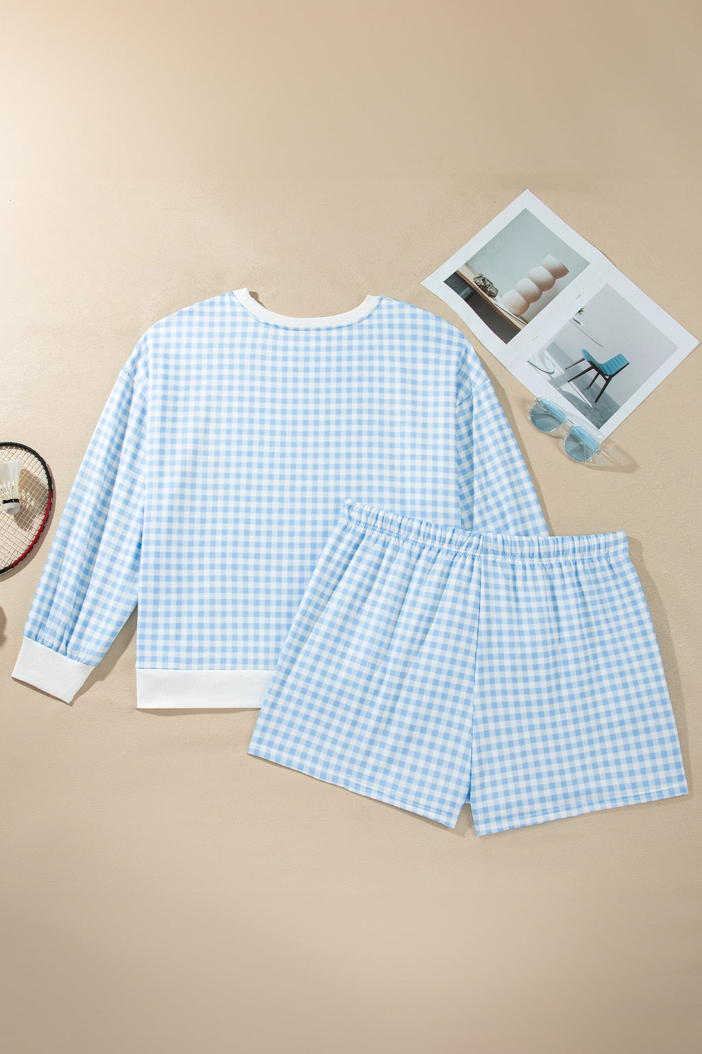 Yellow Gingham Loose Pullover Top Drawstring Shorts Plus Size Set