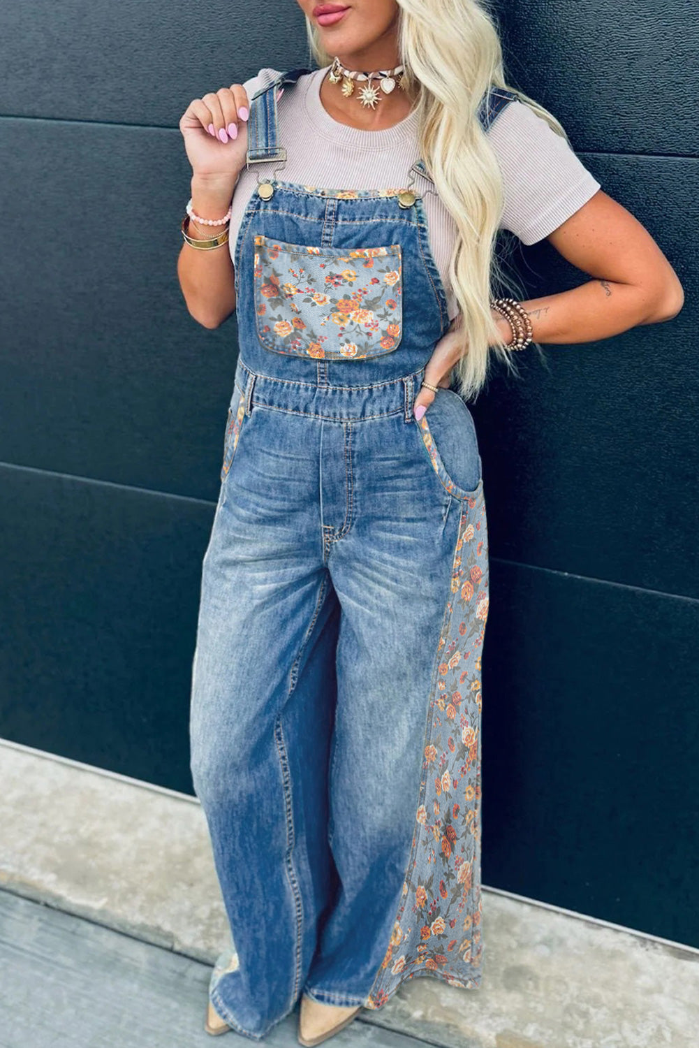 Peacock Blue Floral Patchwork Bib Denim Wide Leg Overalls