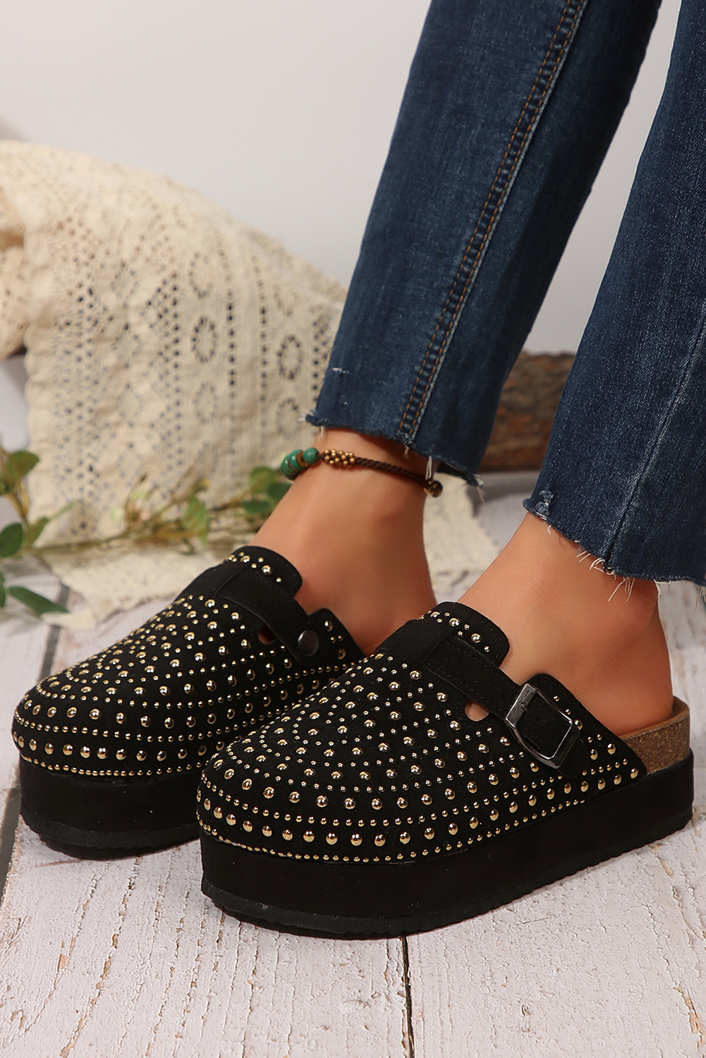 Parchment Rivet Buckle Closed Toe Platform Slippers