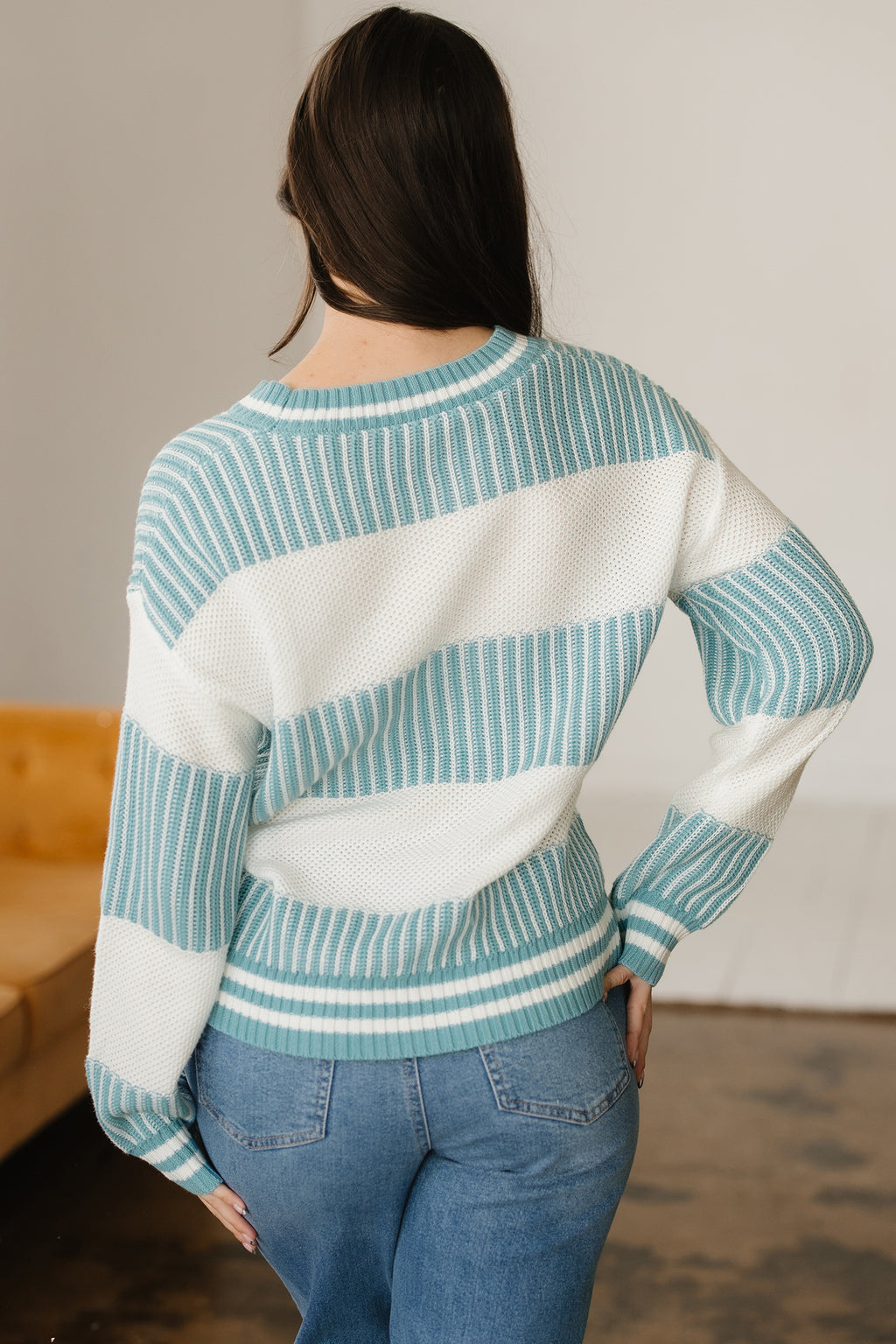 Brown Two Tone Striped Patchwork Drop Shoulder Loose Sweater
