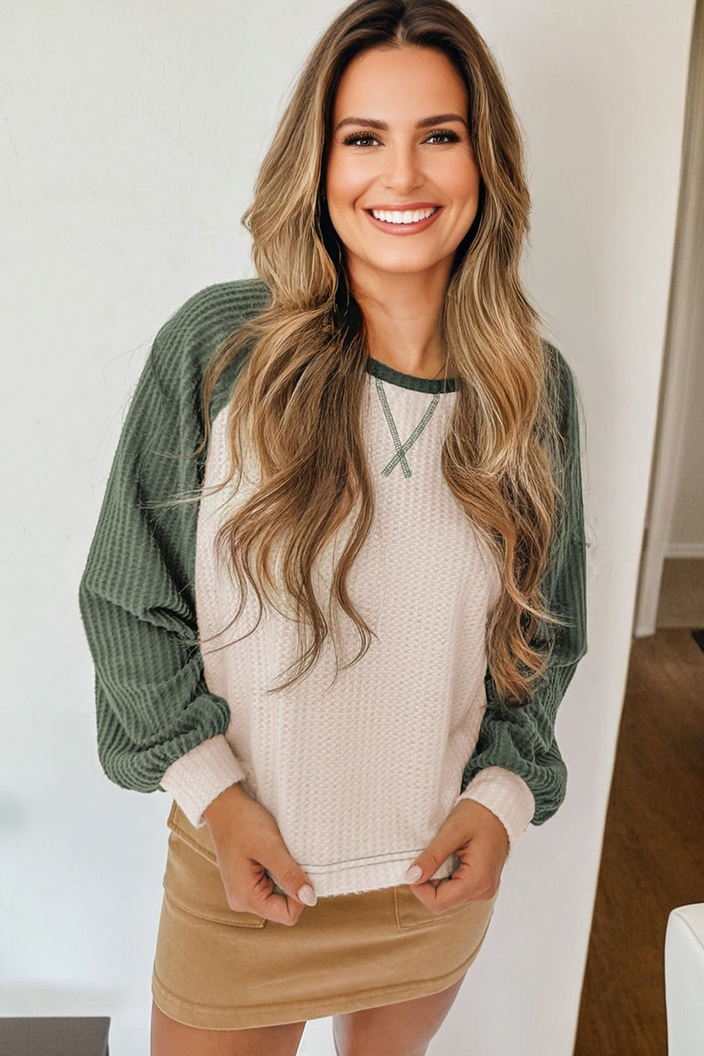 Camel Waffle Color Block Raglan Sleeve Top