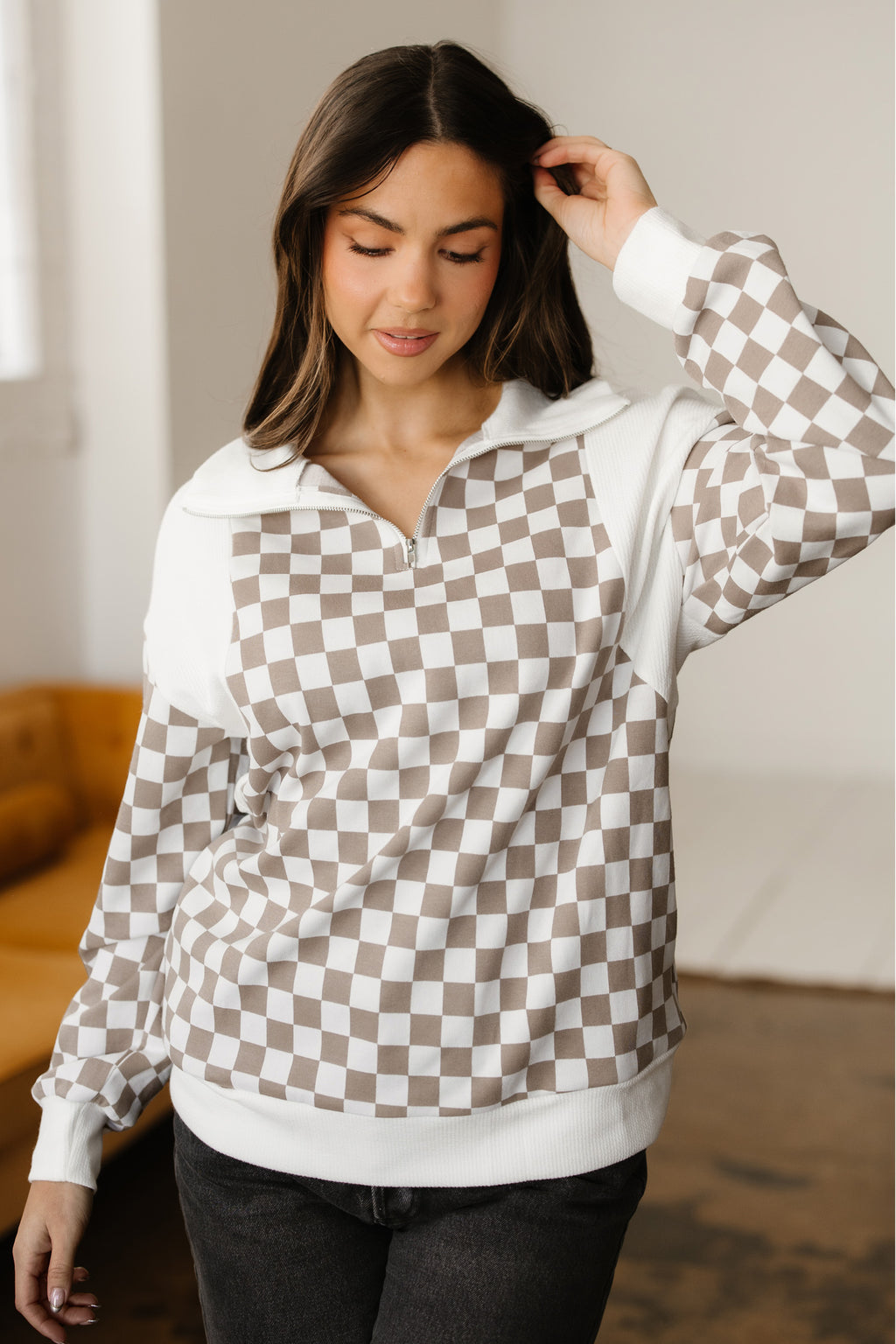 Khaki Checkered Print Quarter Zip Ribbed Patchwork Loose Sweatshirt