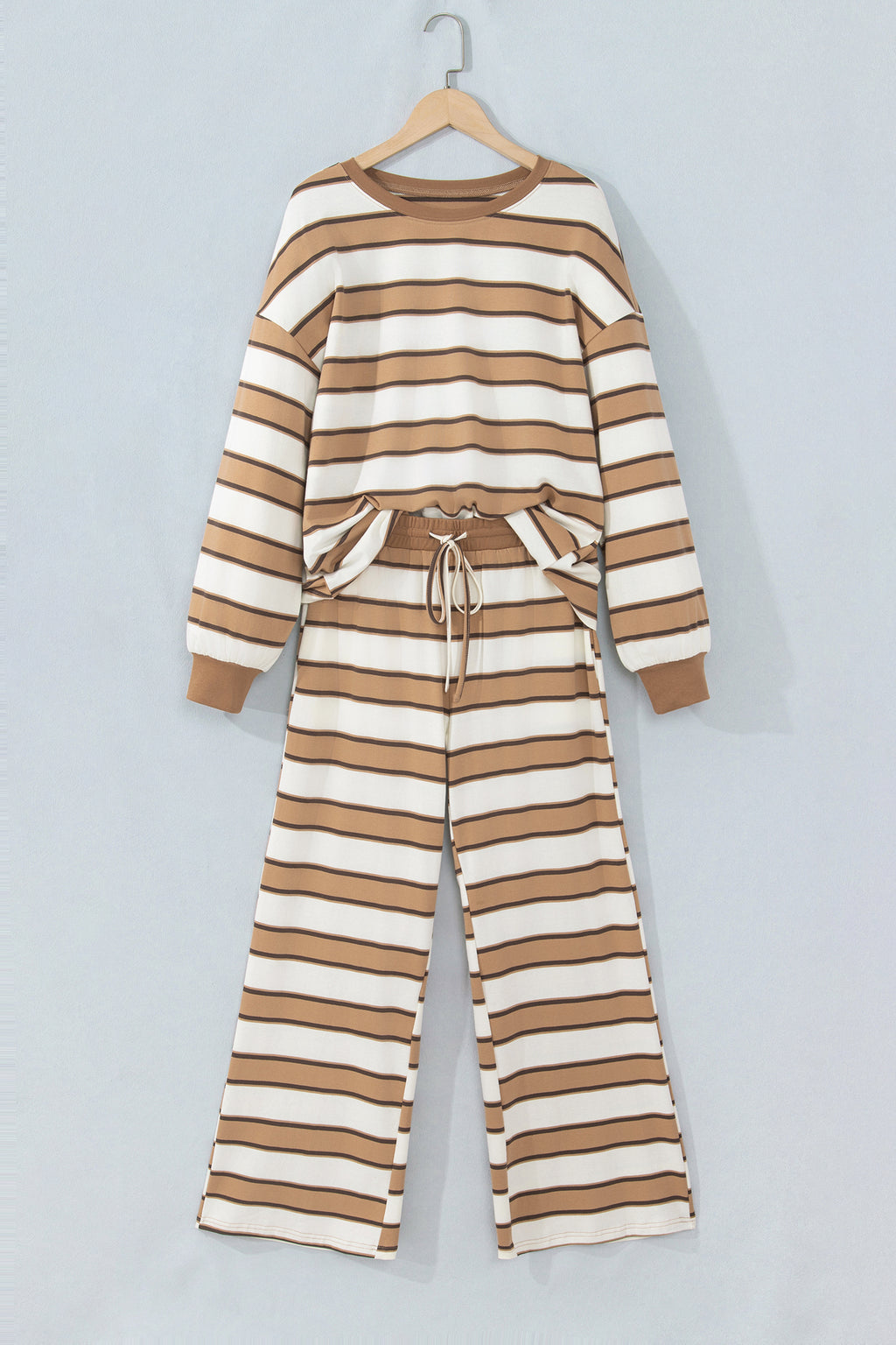 Khaki Stripe Contrast Trim Patchwork Casual Two-Piece Pants Set