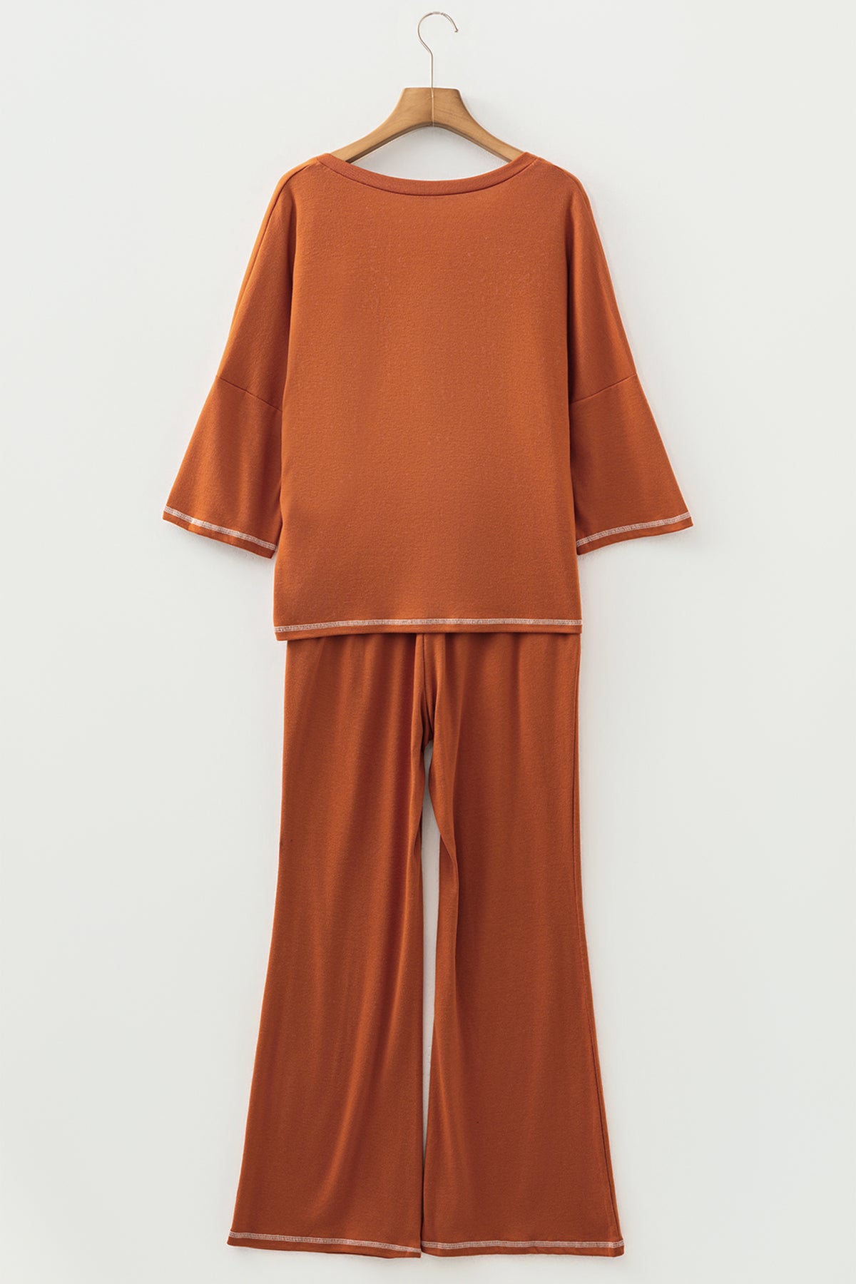 Grapefruit Orange Contrast Stitching Buttoned V Neck Half Sleeve Top and Drawstring Flare Pants Set