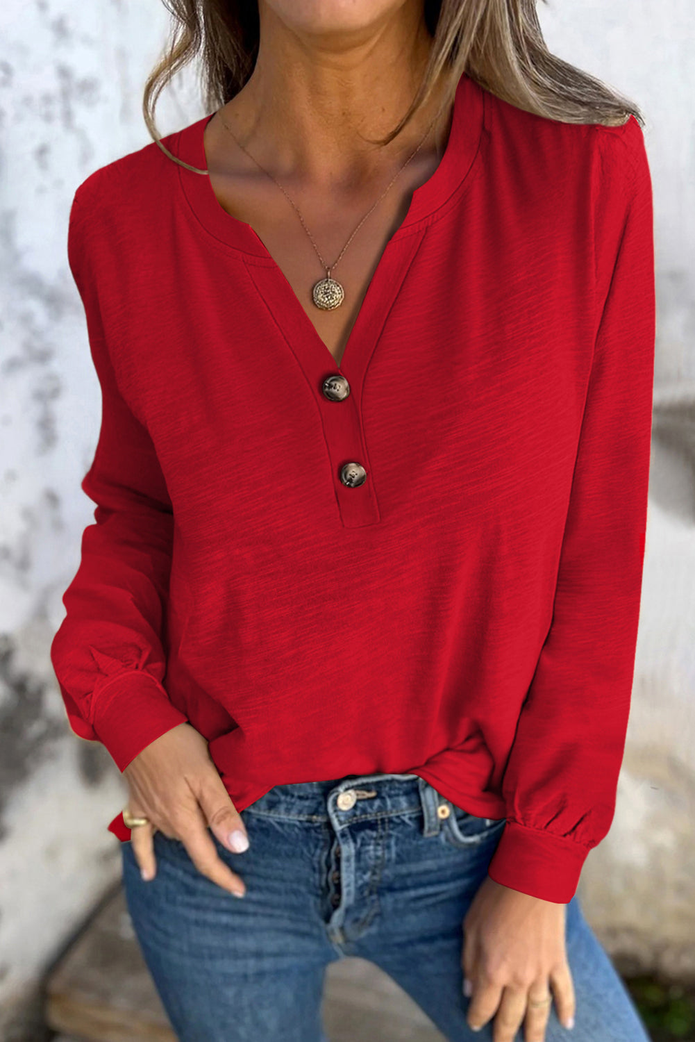 Light French Beige Solid Color Button V Neck Long Sleeve Top