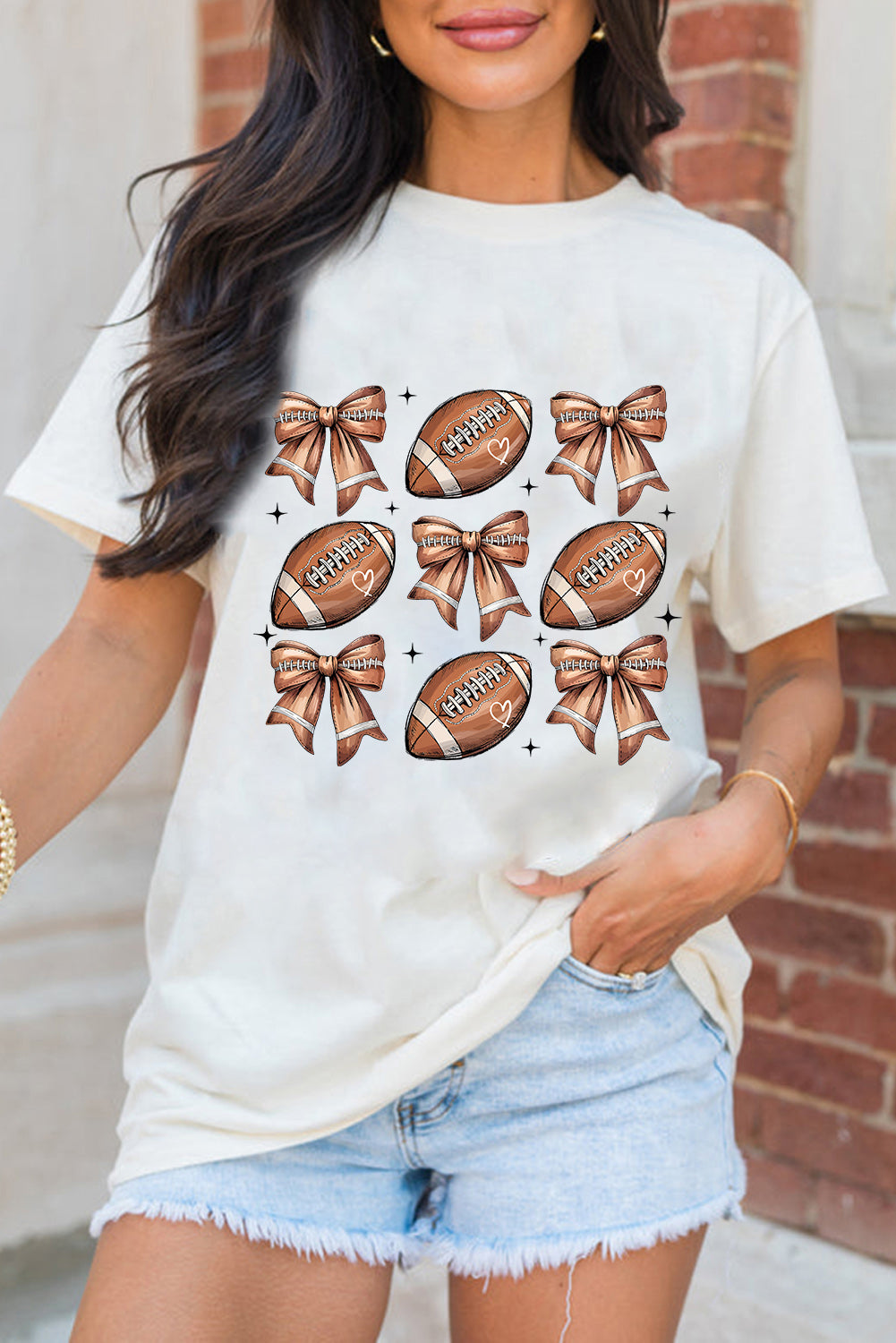 White Football Fashion Bow Print Cotton Blend T Shirt
