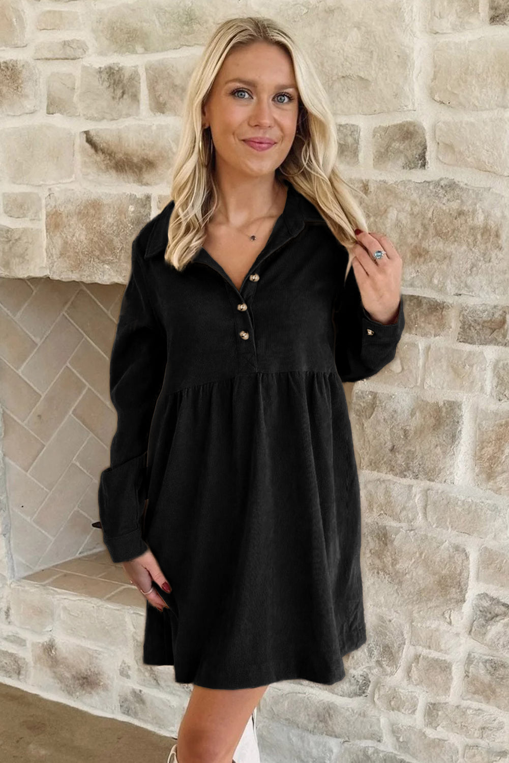Black Corduroy Half Button Collared Long Sleeve Mini Dress