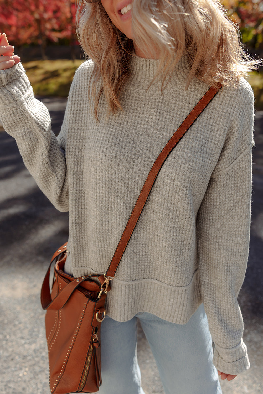 Gray Morn Waffle Texture Knit Ribbed High Neck Drop Shoulder Sweater