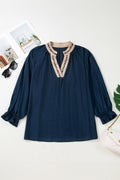 Navy Blue Contrast Leopard Patchwork Collar Plus Size Long Flounce Sleeve Blouse