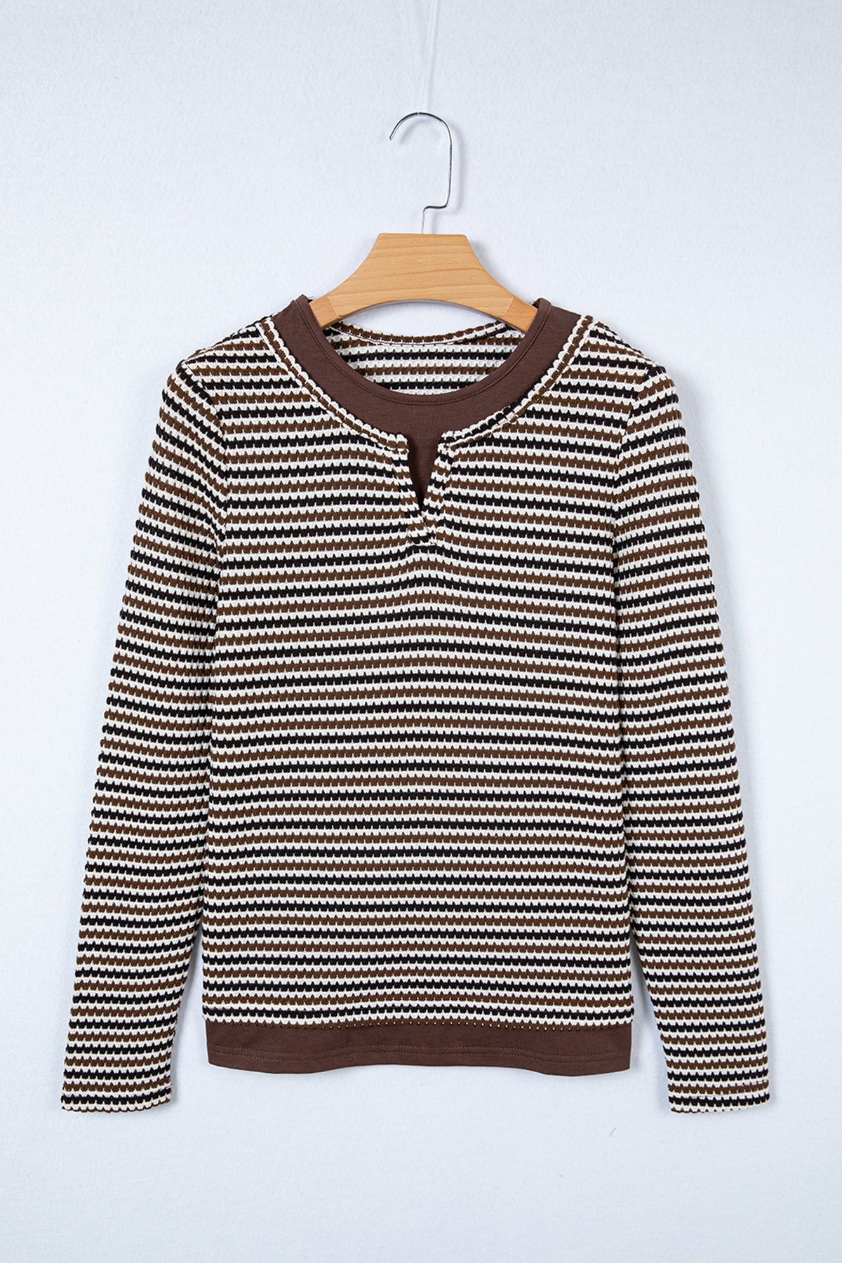 Brown Faux Two Piece Textured Striped Round Neck Long Sleeve T Shirt
