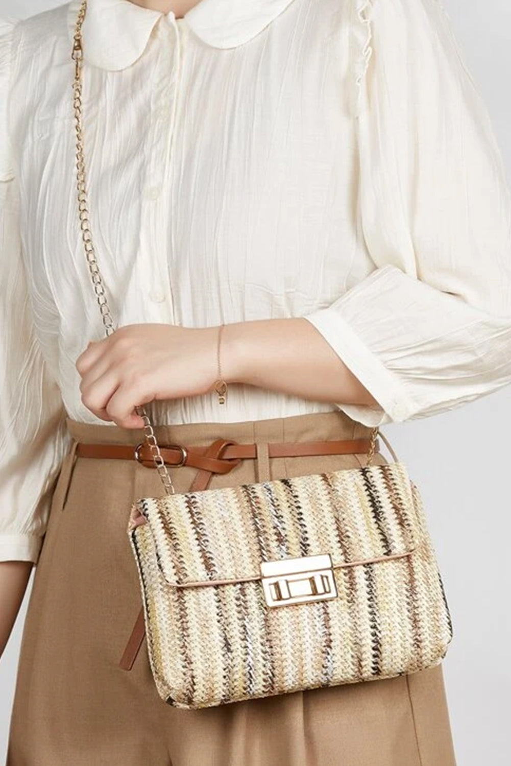 Strawberry Pink Straw Plaited Gold Chain Clasp Closure Single Shoulder Bag