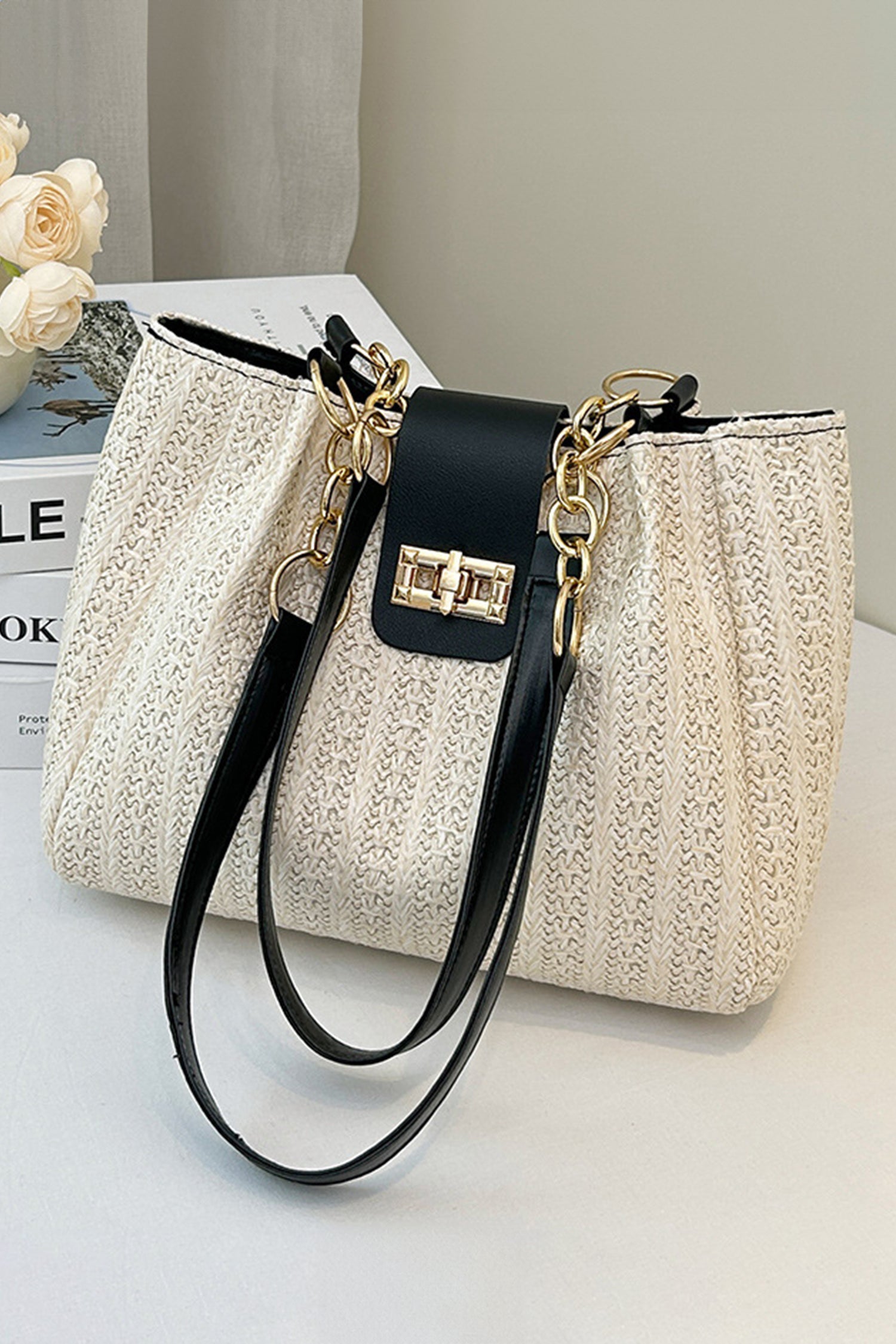 Black PU Leather Chain Handle Woven Textured Knit Tote Bag