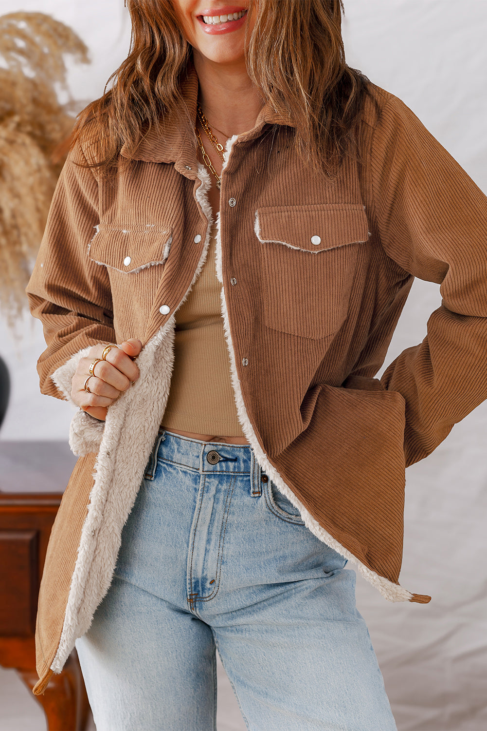 Cinnamon Fleece Lined Buttoned Flap Pockets Corduroy Jacket
