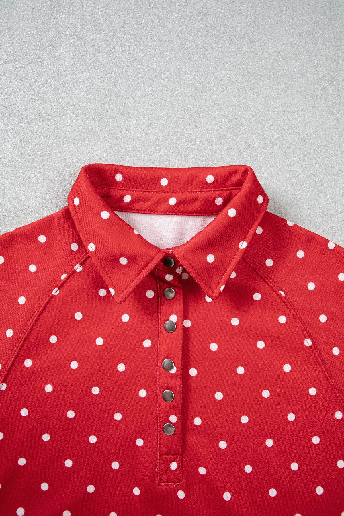 Pink Polka Dot Print Metal Button Collar Casual Pullover Sweatshirt