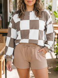 Khaki Checkered Contrast Long Sleeve Top Solid Shorts Plus Size 2pcs Set