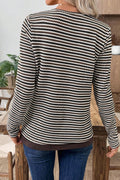 Brown Faux Two Piece Textured Striped Round Neck Long Sleeve T Shirt