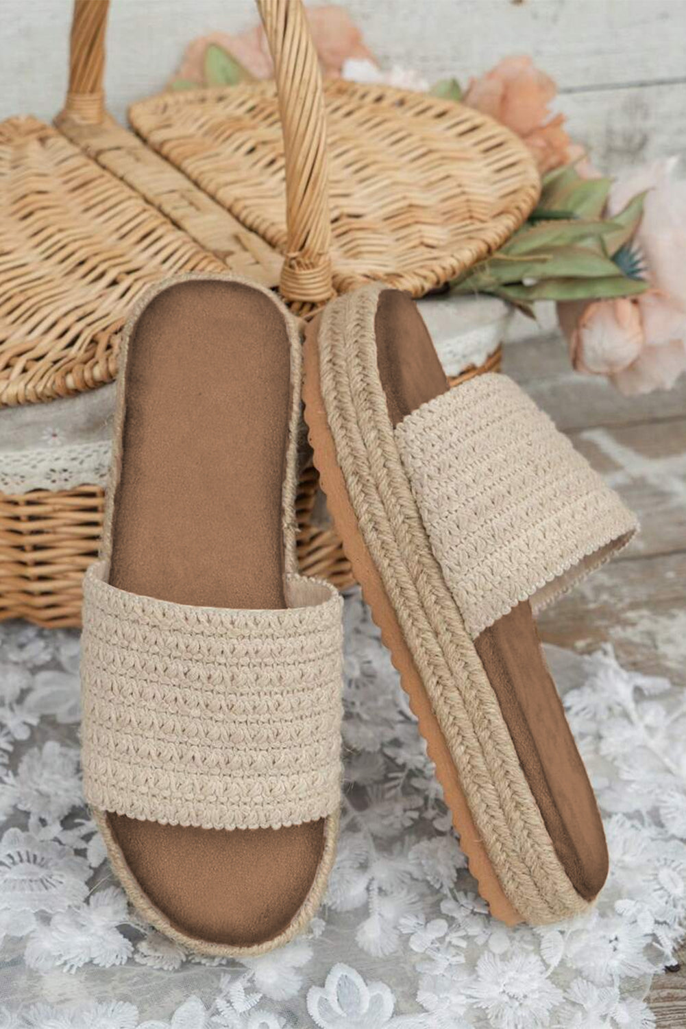 White Boho Woven Non-slip Wedge Slippers