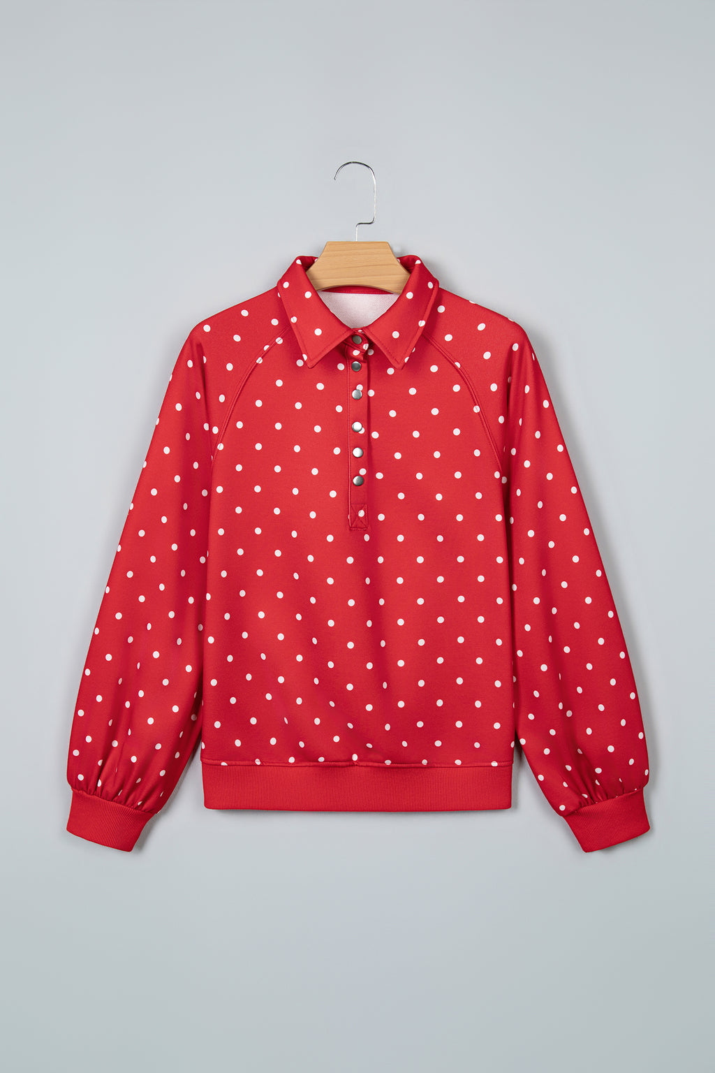 Pink Polka Dot Print Metal Button Collar Casual Pullover Sweatshirt