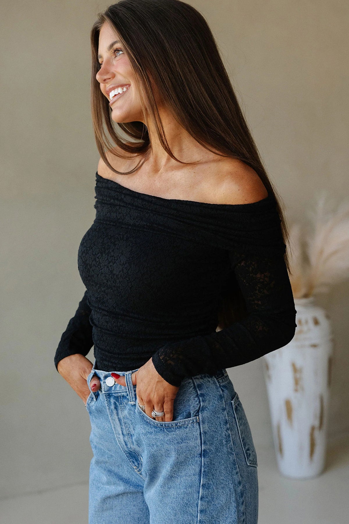 Black Floral Lace Off-shoulder Long Sleeve Slim Top
