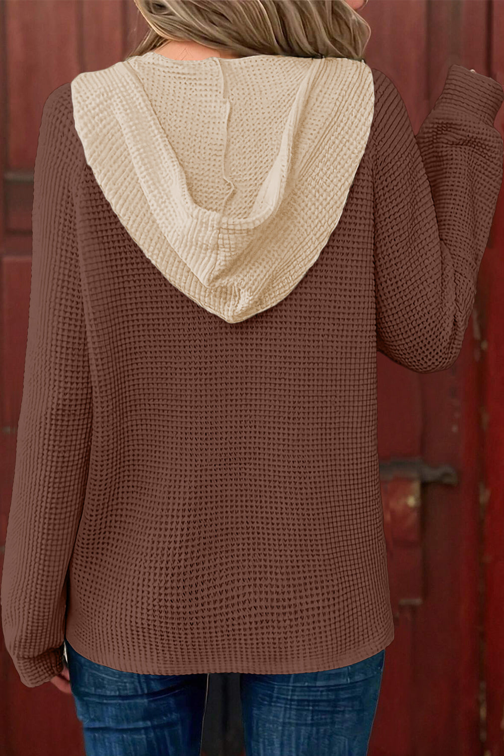 White Waffle Contrast Half Buttoned Hooded Pullover Top