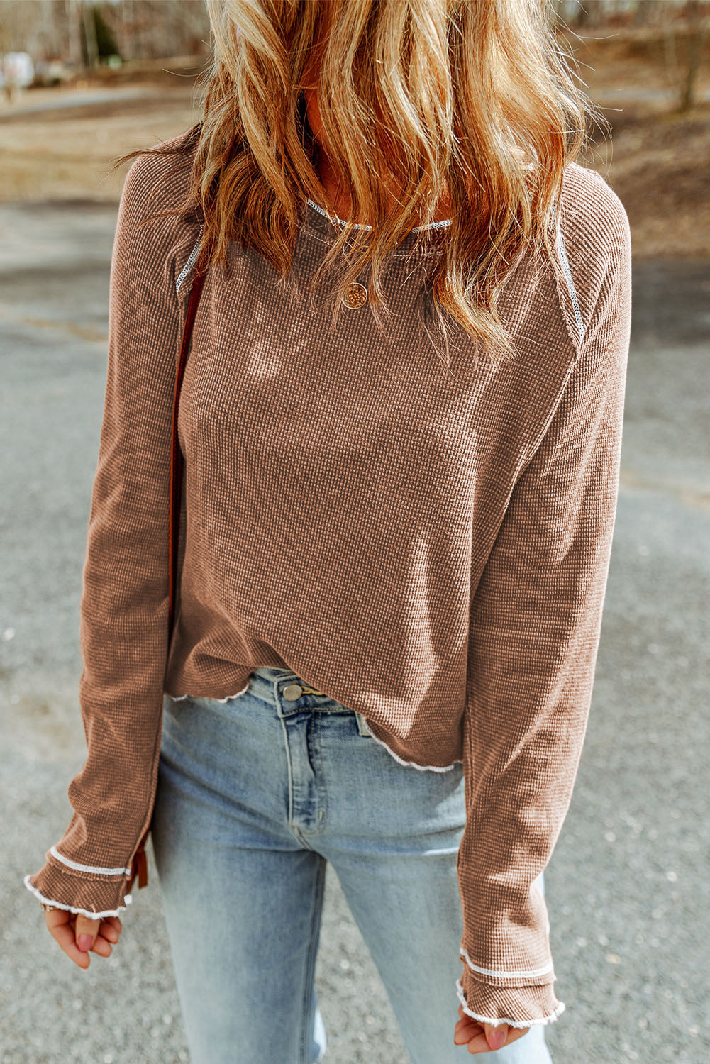 Blue Textured Round Neck Long Sleeve Top