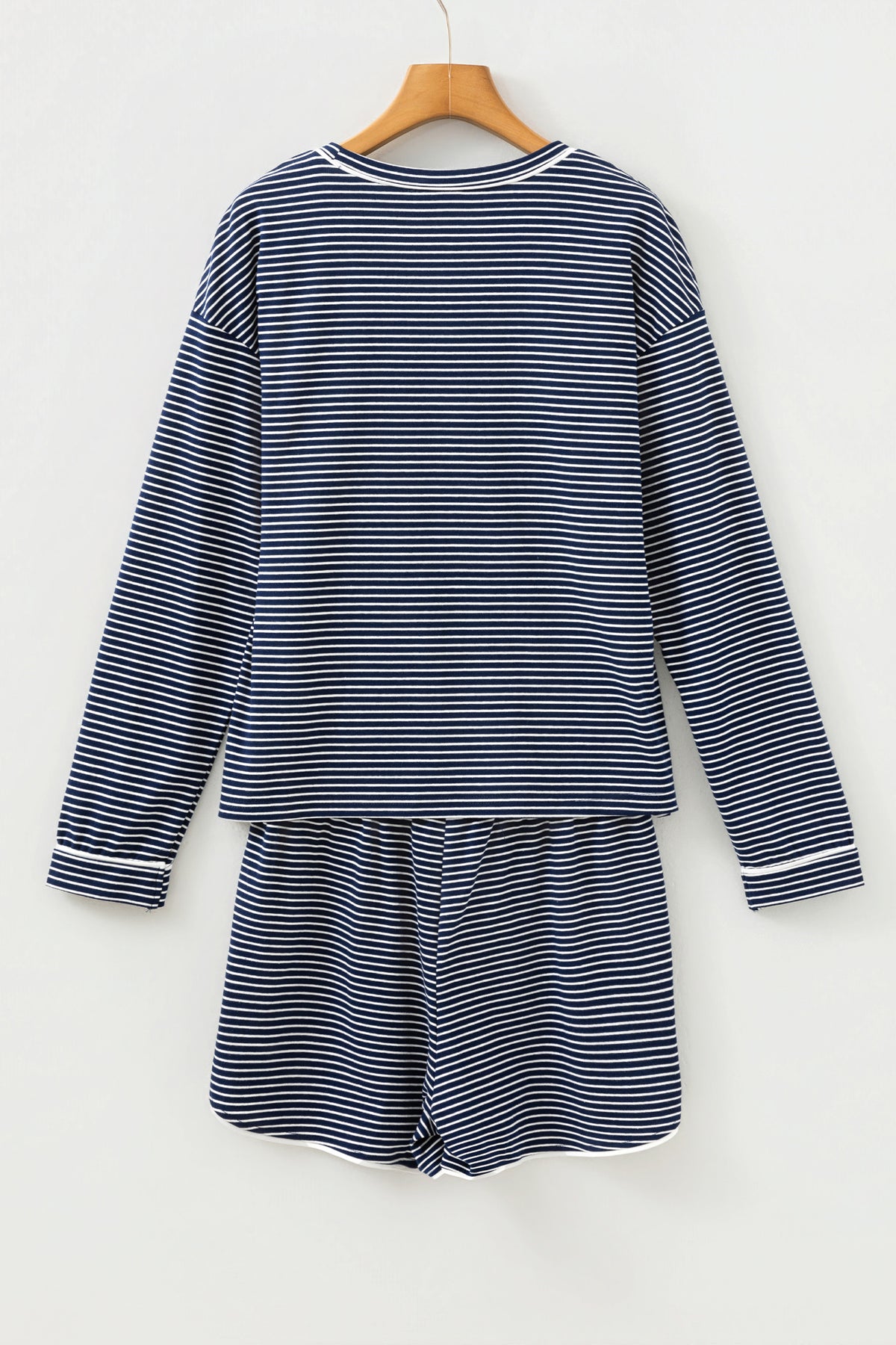 Blue Stripe Drop Shoulder Round Neck Long Sleeve Tee and Buttoned Shorts 2pcs Lounge Set