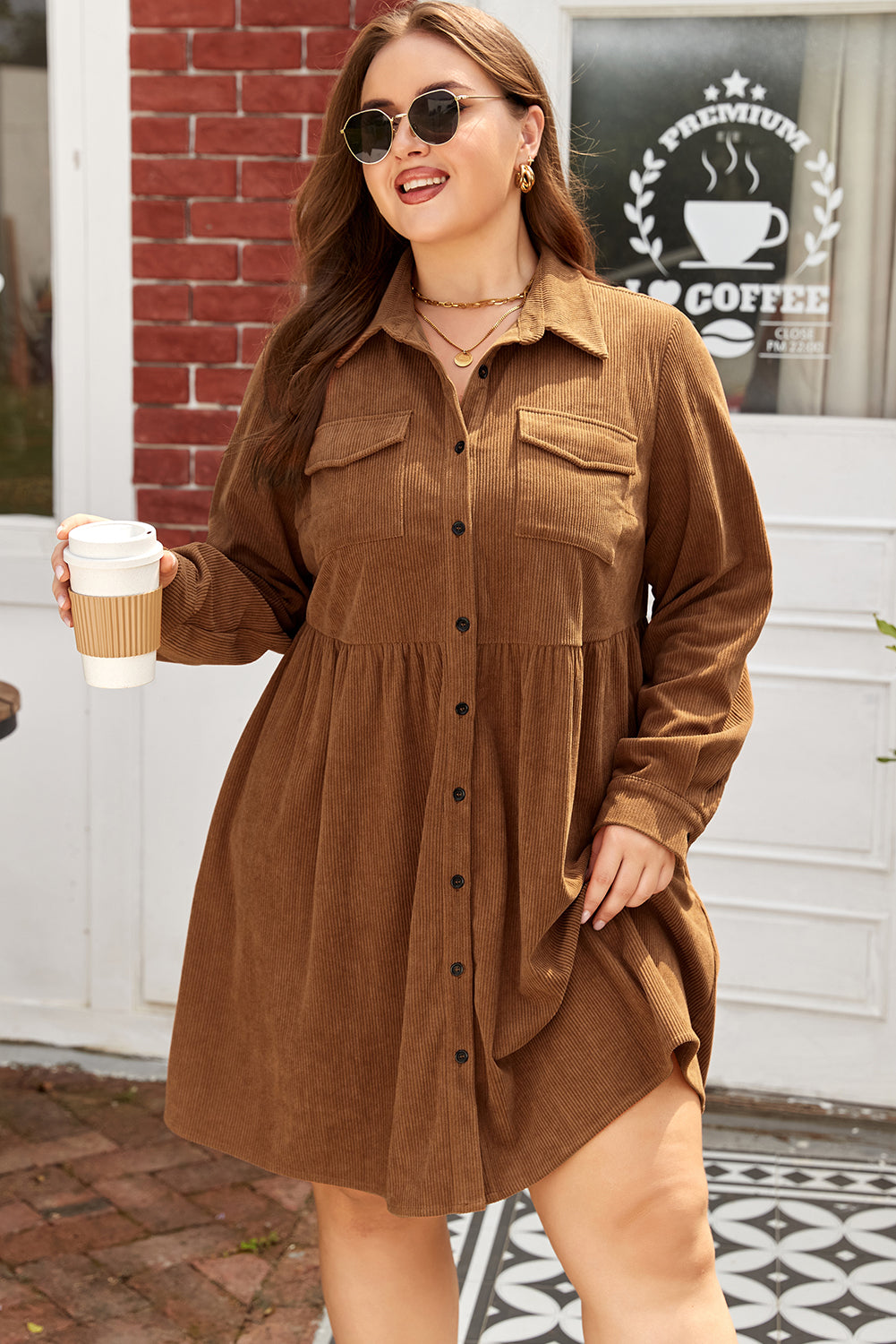 Camel Corduroy Full Buttoned Collared Shirt Style Plus Size Dress