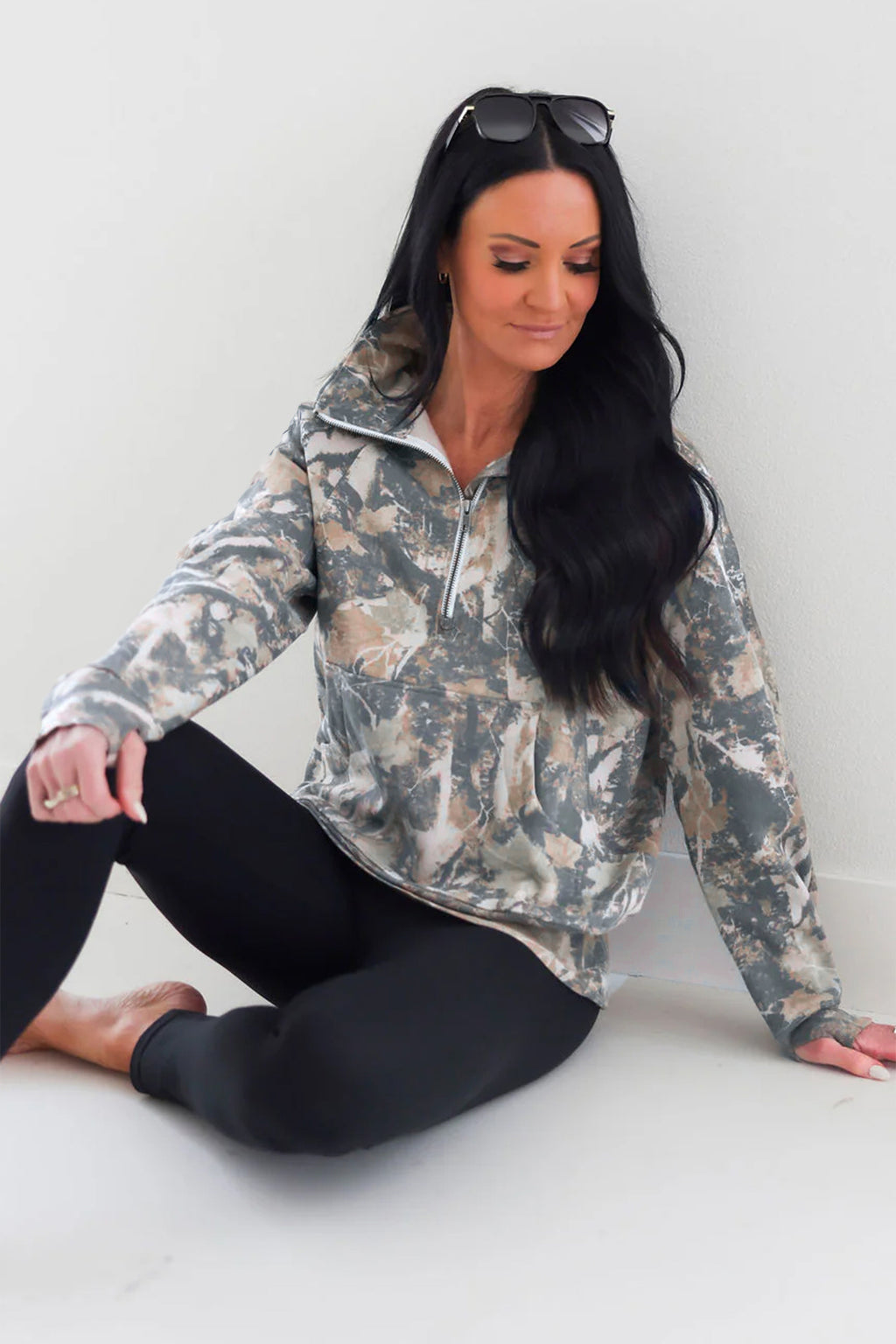 Multicolour Abstract Print Quarter Zip Kangaroo Pocket Sweatshirt