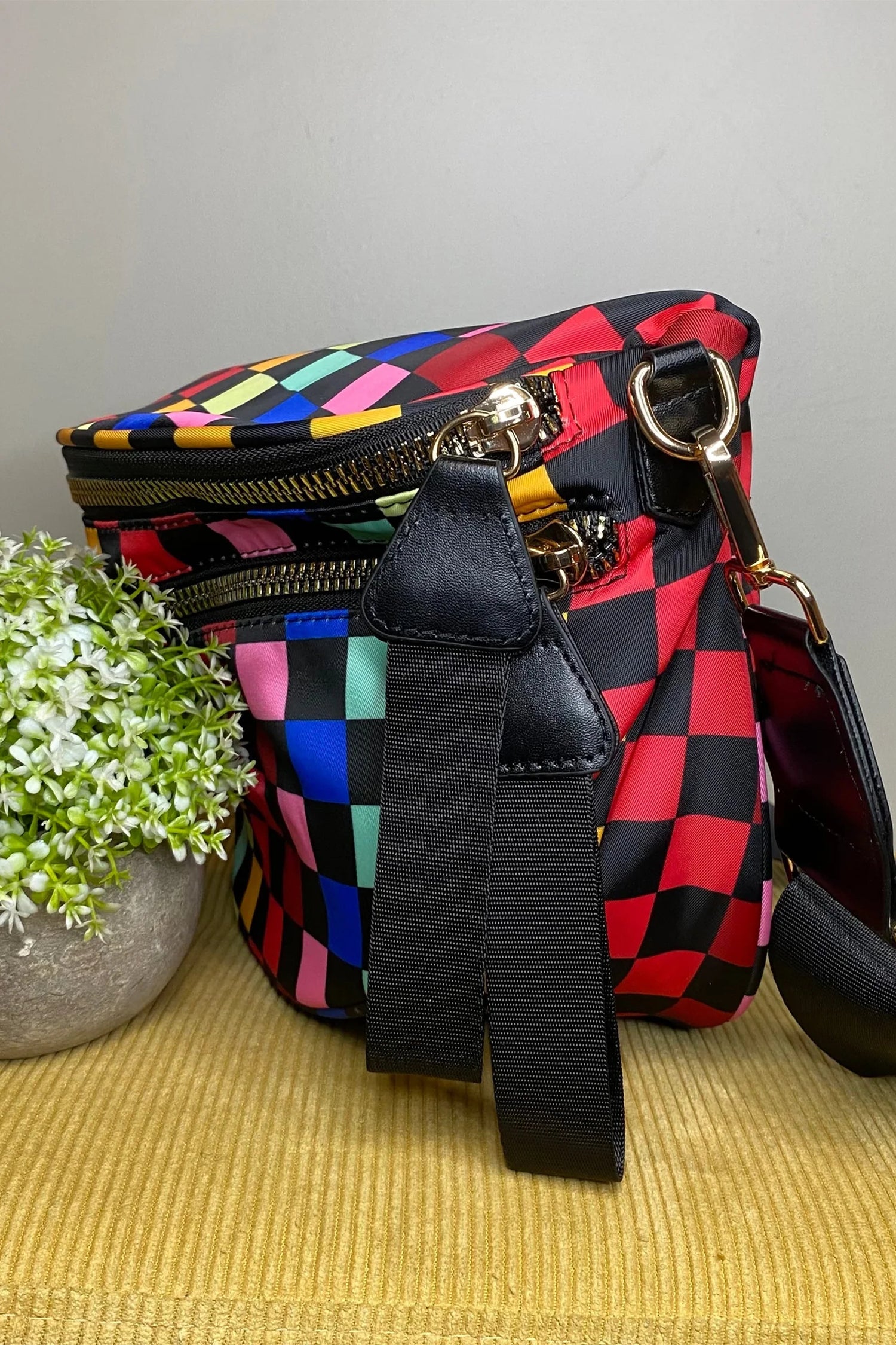 Fiery Red Pretty Checkerboard/ Strawberry Printed Canvas Double Zip Crossbody Bag
