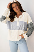 White Waffle Printed Patchwork Drawstring Hooded Long Sleeve Top