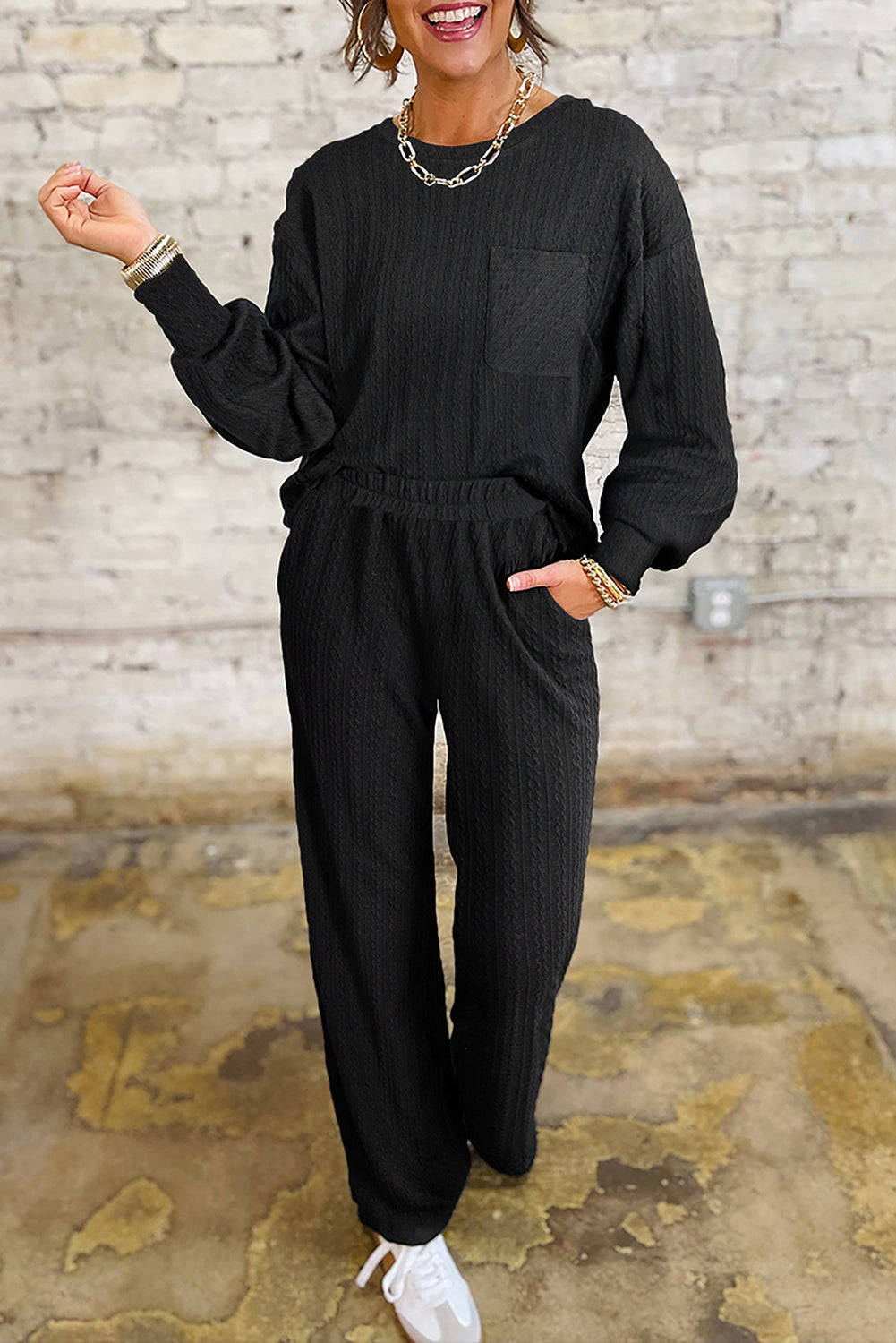 Black Textured Chest Pocket Long Sleeve Top 2Pcs Pants Set