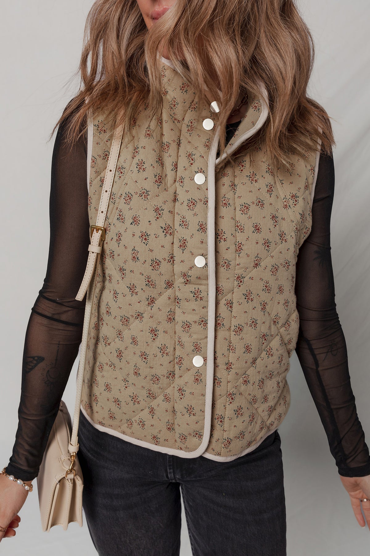Khaki Floral Print Quilted Concealed Button Vest