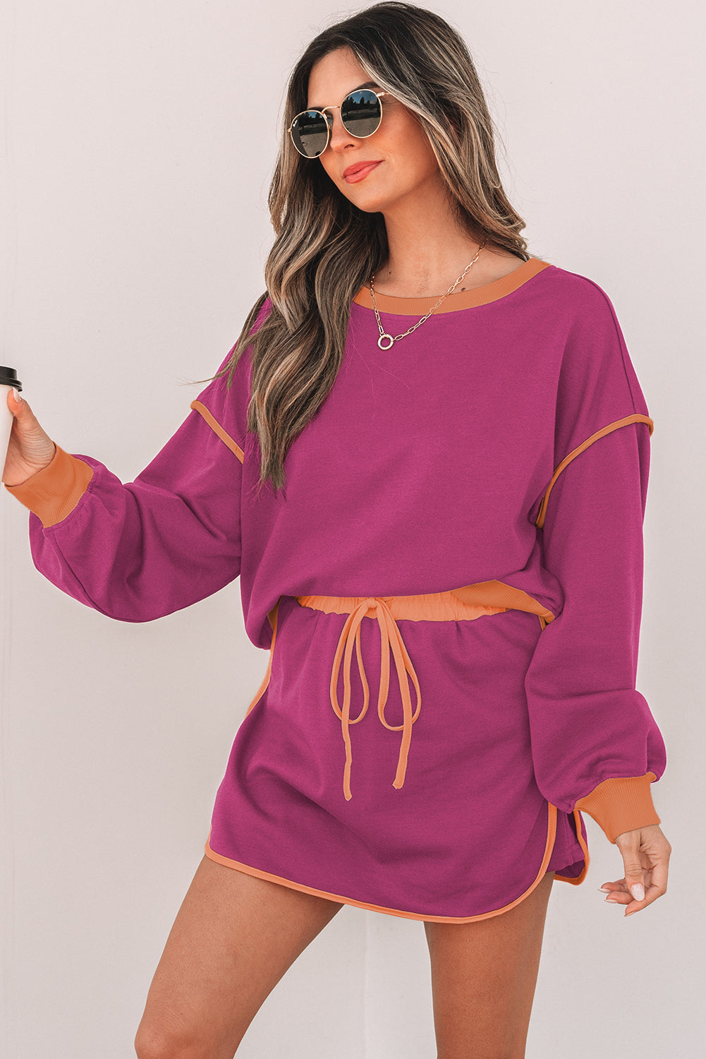 Coffee Color Contrast Loose Pullover and Lace-up Waist Skort Set