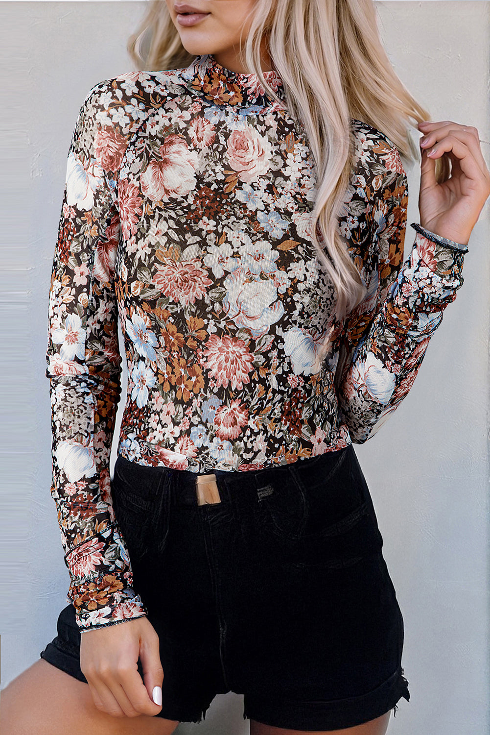 Pink Floral Long Sleeve High Neck Sheath Mesh Top