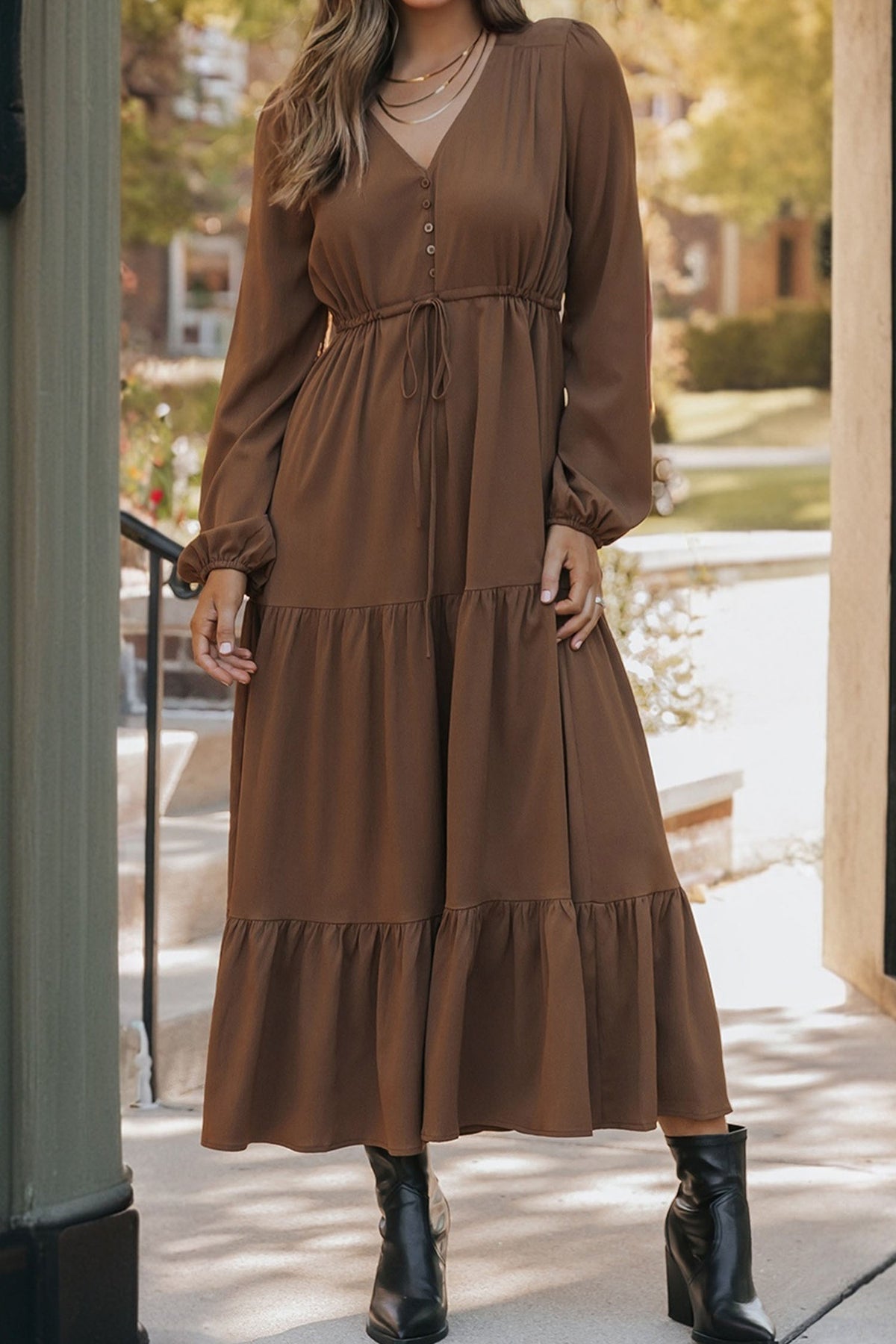 Blackish Green Solid Long Sleeve Button V Neck Tiered Maxi Dress